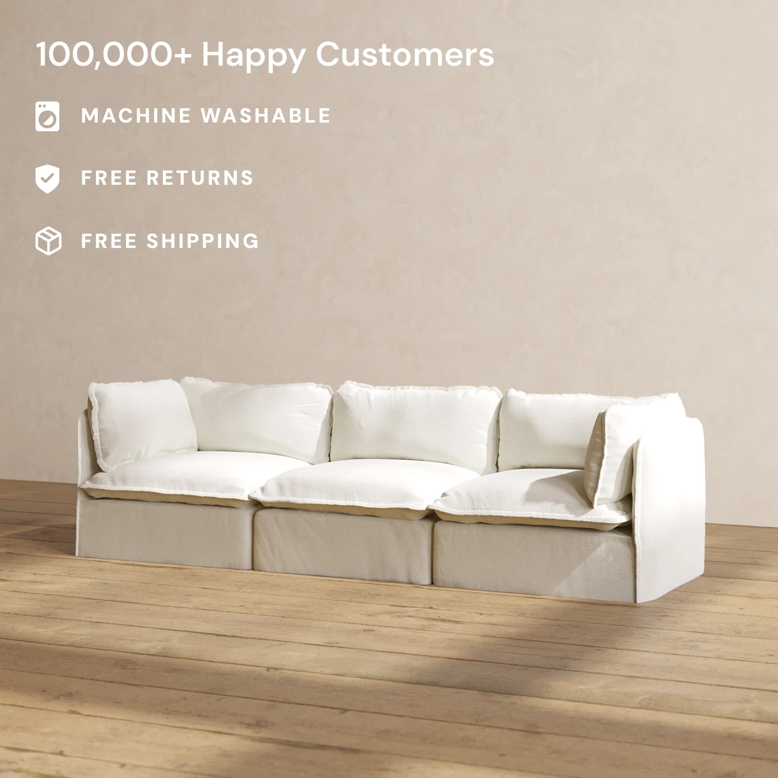 Modular Washable 3-Seater in Eggshell | Deluxe+ Seat | Cloud Pillow - Image 2