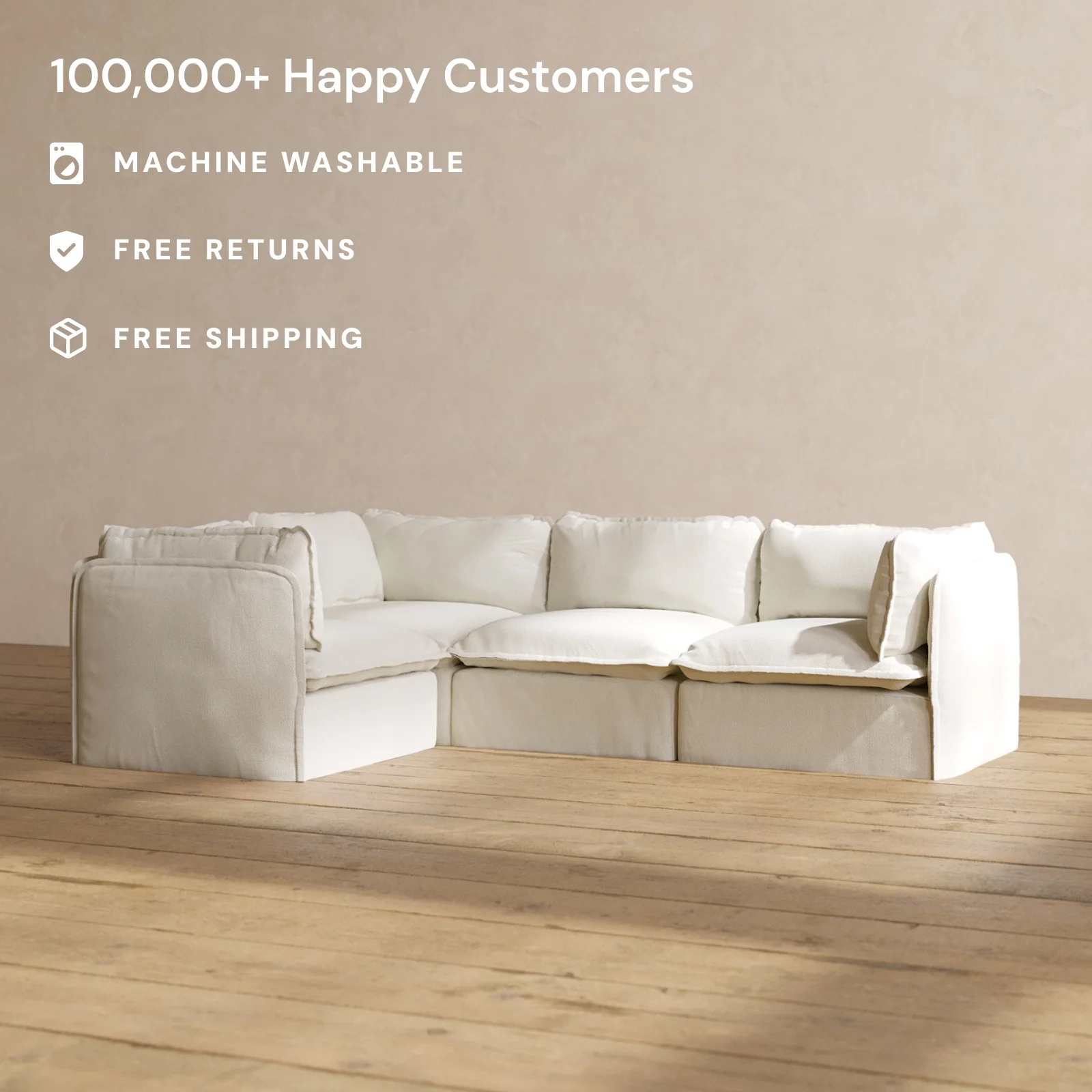 Modular Washable 4-Seater Corner Sectional in Eggshell | Deluxe+ Seat | Cloud Pillow - Image 2