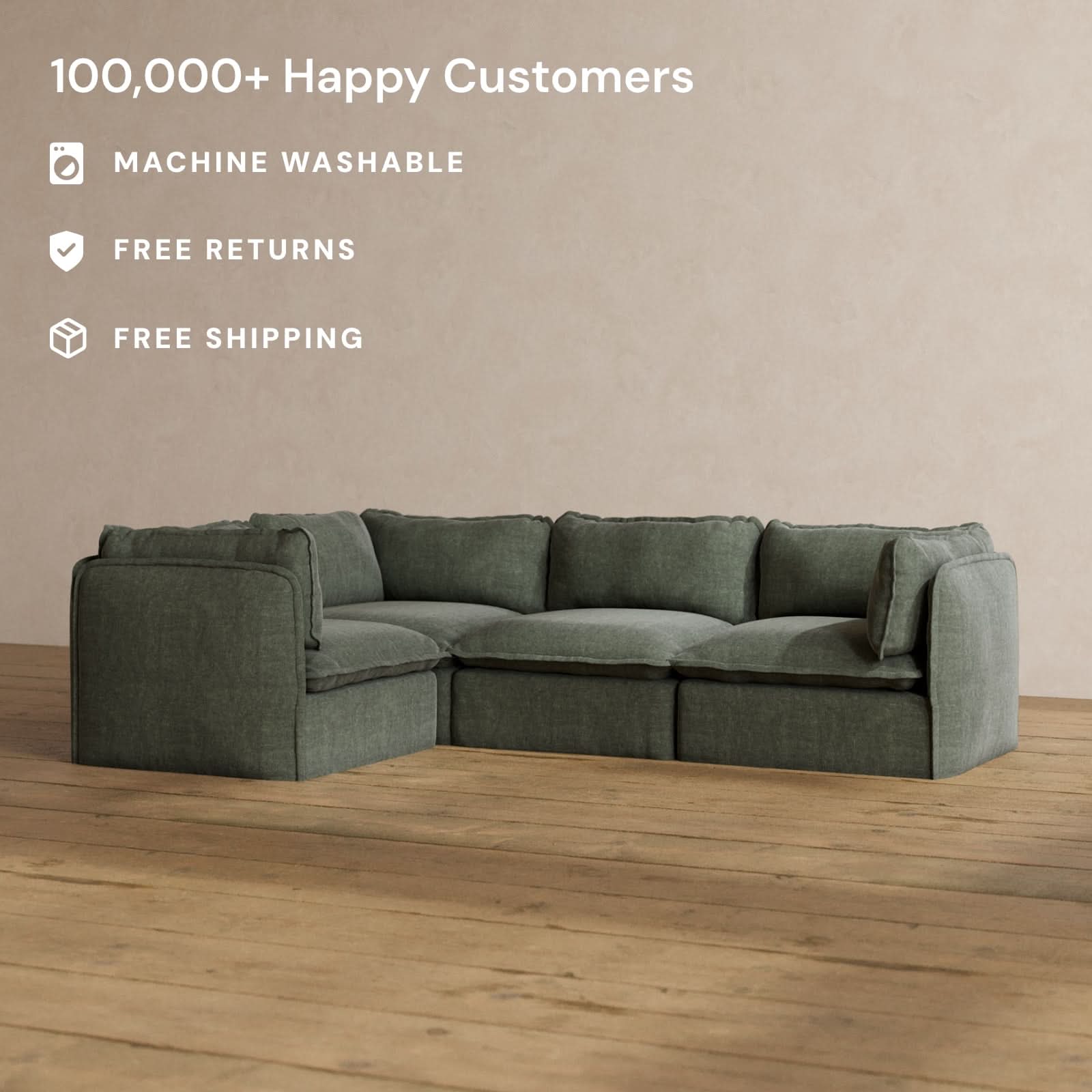 Modular Washable 4-Seater Corner Sectional in Willow | Deluxe+ Seat | Cloud Pillow - Image 2