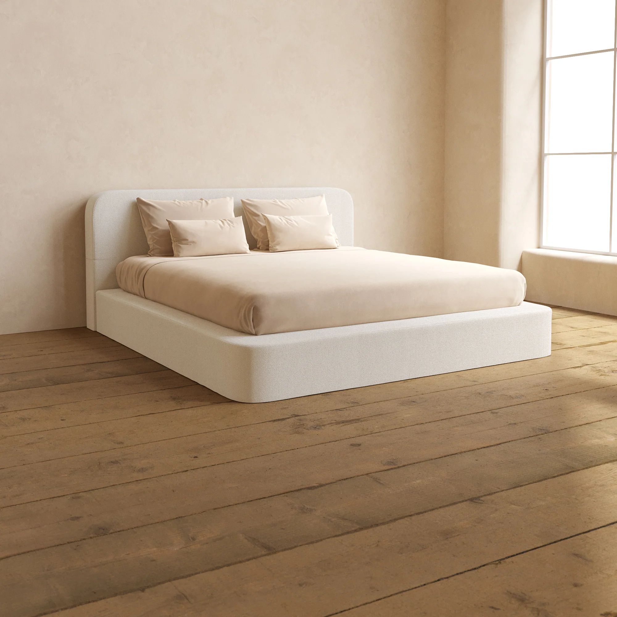 King Upholstered Platform Bed + Headboard | Knit Velvet in Powder