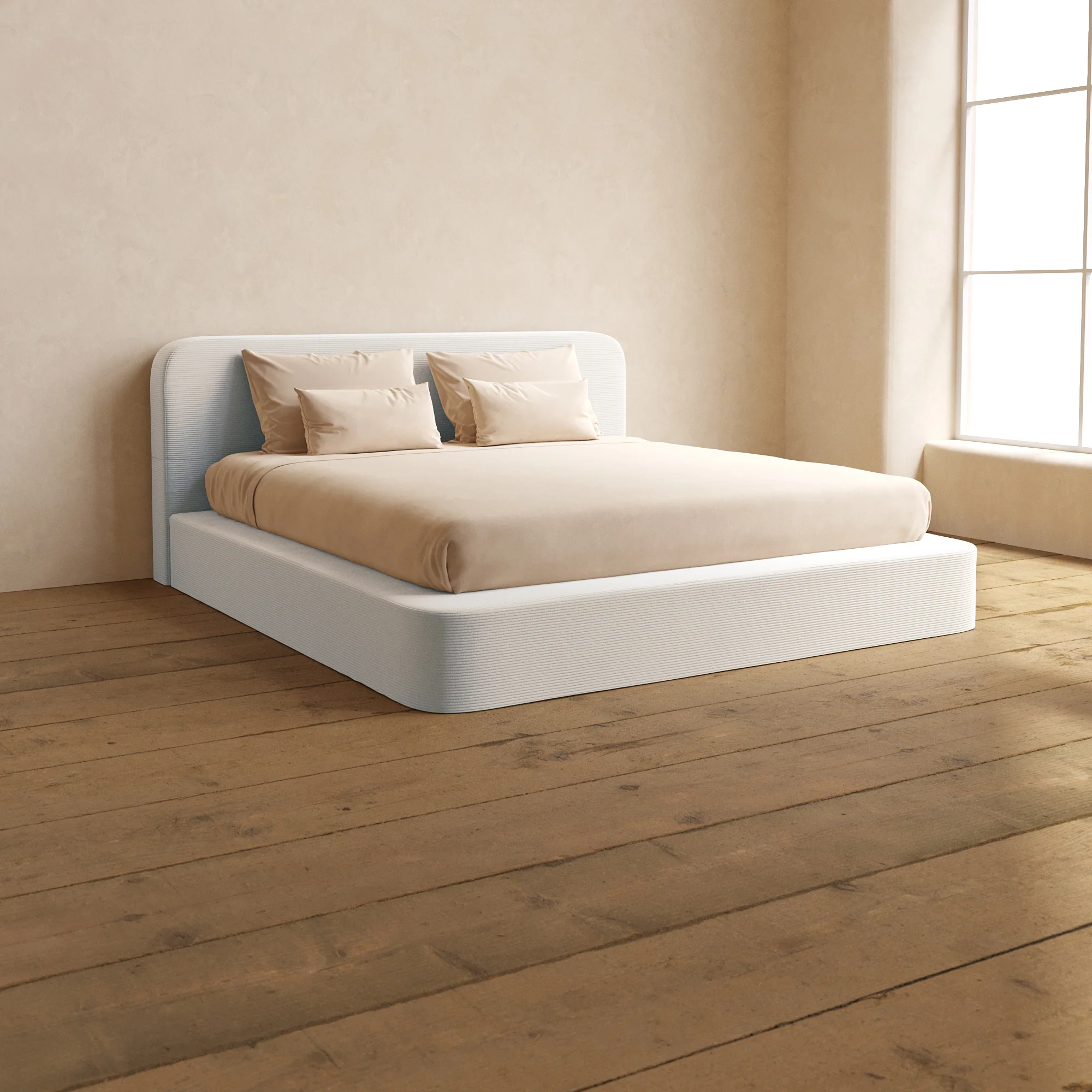 King Upholstered Platform Bed + Headboard | Luxe Corduroy in Milk
