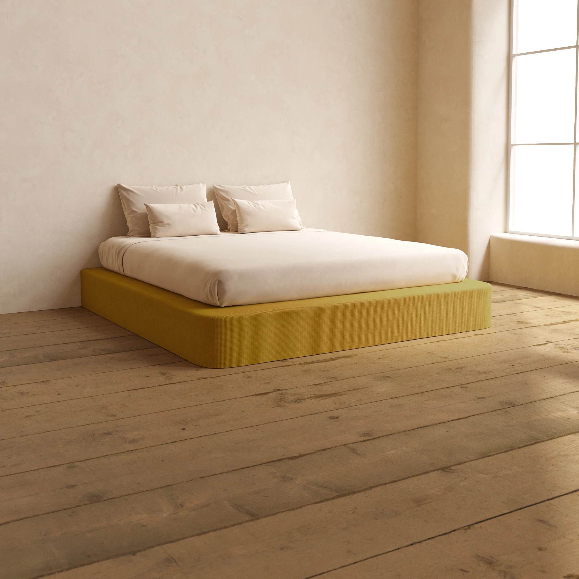 King Upholstered Platform Bed | Mizu Weave in Kiiro