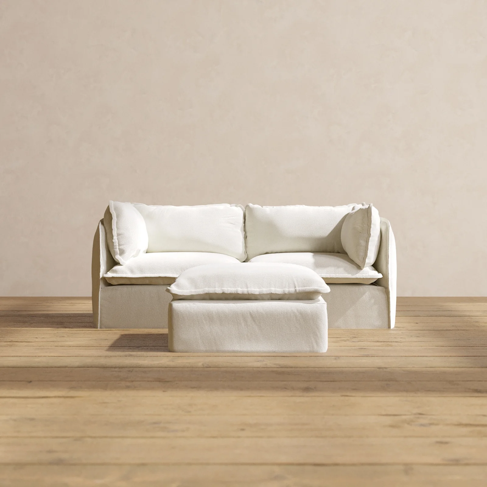 Modular Washable 2-Seater + Ottoman in Eggshell | Deluxe+ Seat | Cloud Pillow
