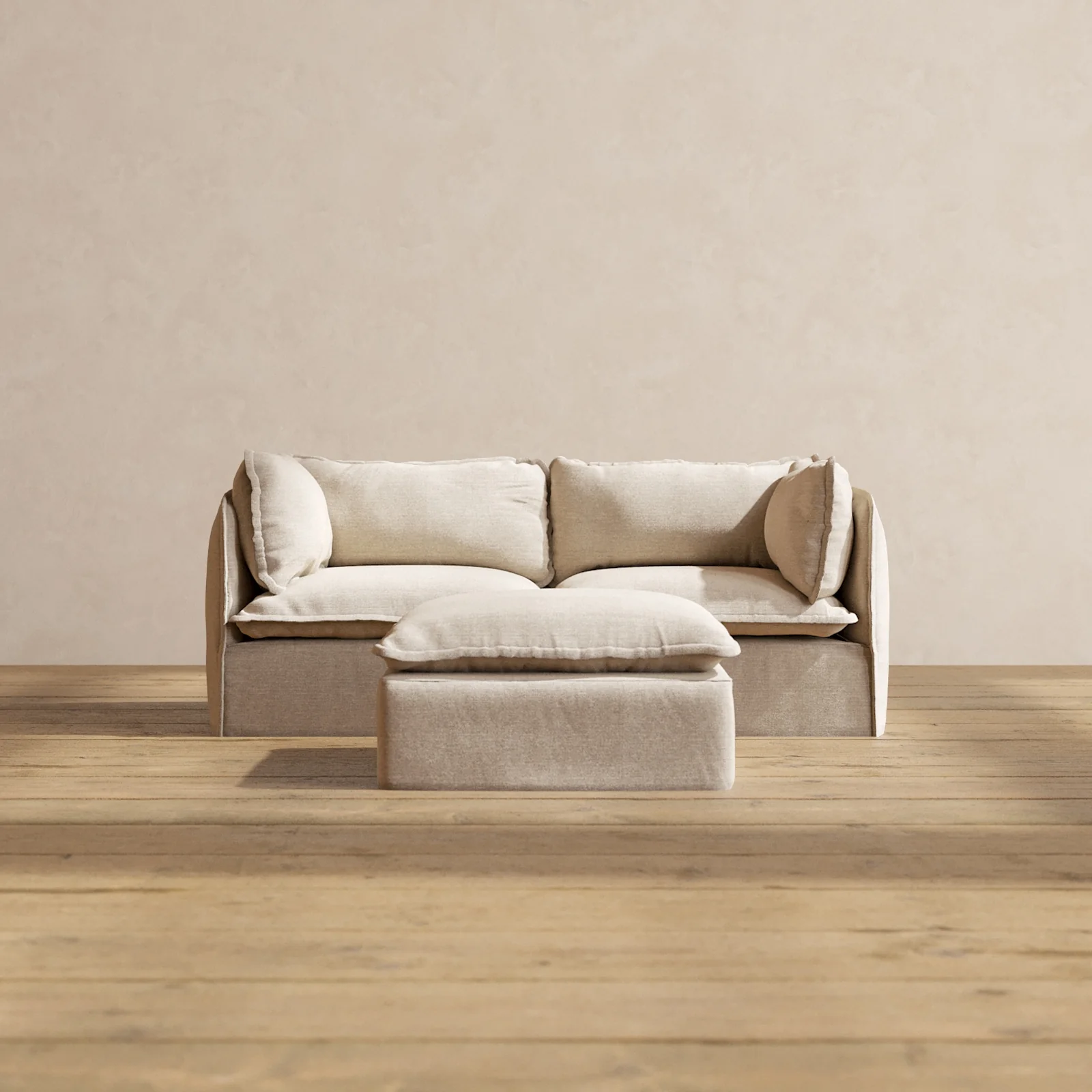 Modular Washable 2-Seater + Ottoman in Oat | Deluxe+ Seat | Cloud Pillow