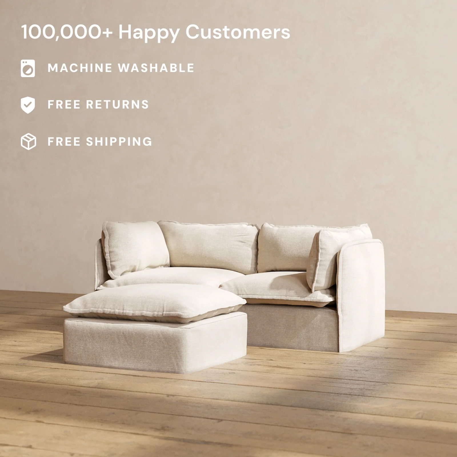 Modular Washable 2-Seater + Ottoman in Oat | Deluxe+ Seat | Cloud Pillow - Image 2
