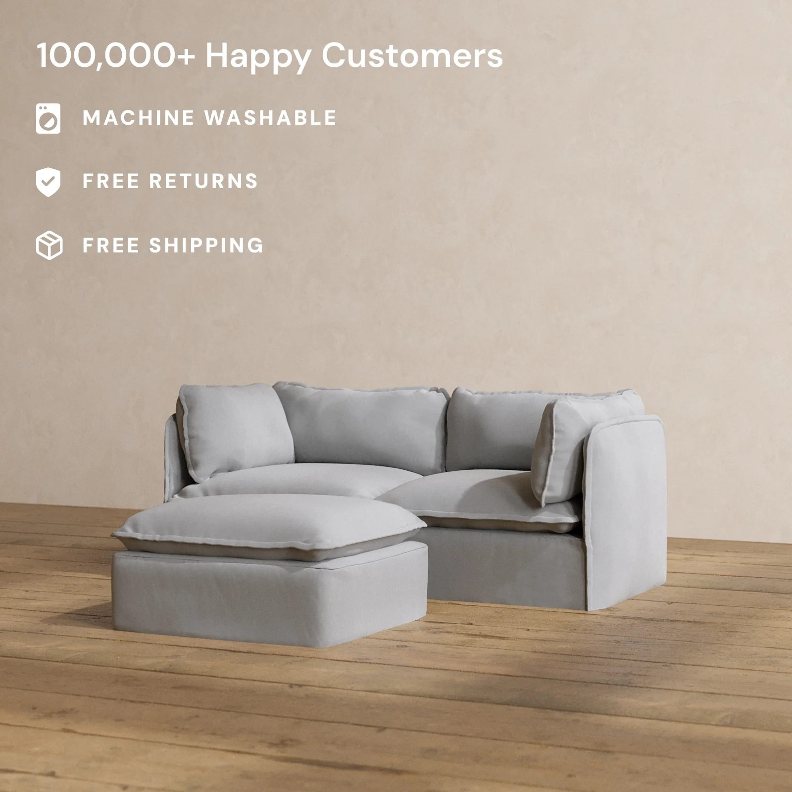 Modular Washable 2-Seater + Ottoman in Pumice | Deluxe+ Seat | Cloud Pillow - Image 2