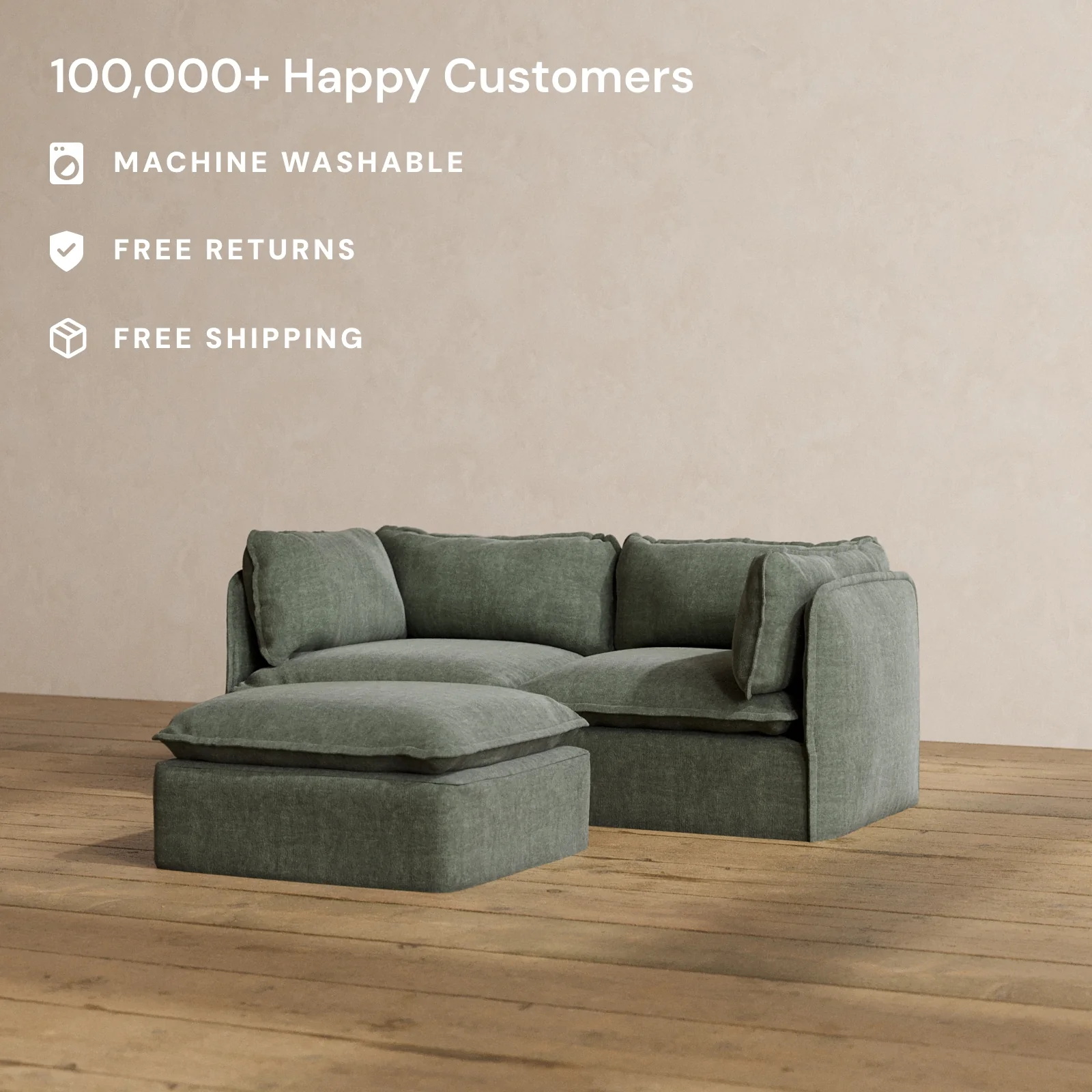 Modular Washable 2-Seater + Ottoman in Willow | Deluxe+ Seat | Cloud Pillow - Image 2