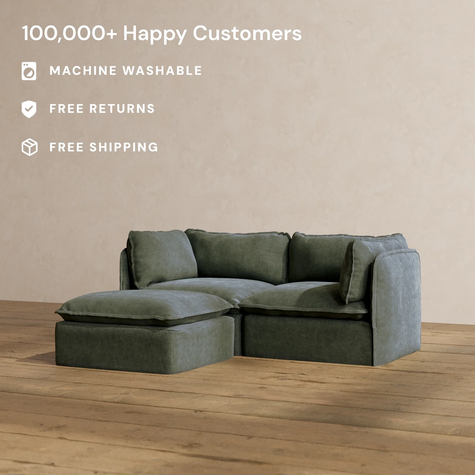 Modular Washable 2-Seater Sectional in Olivine | Deluxe+ Seat | Cloud Pillow - Image 2