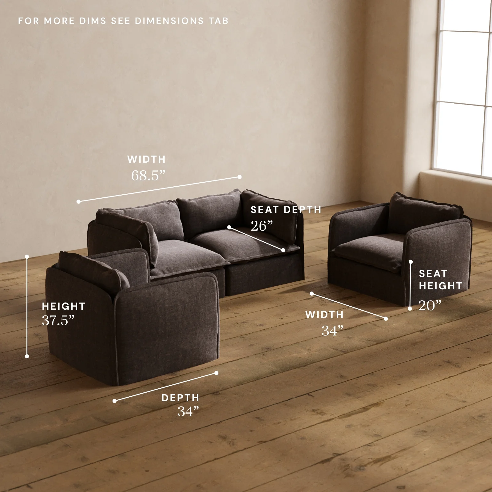 Modular Washable 2-Seater Sofa + Armchair Set in Caviar | Memorix+ Seat | Contour Pillow - Image 5