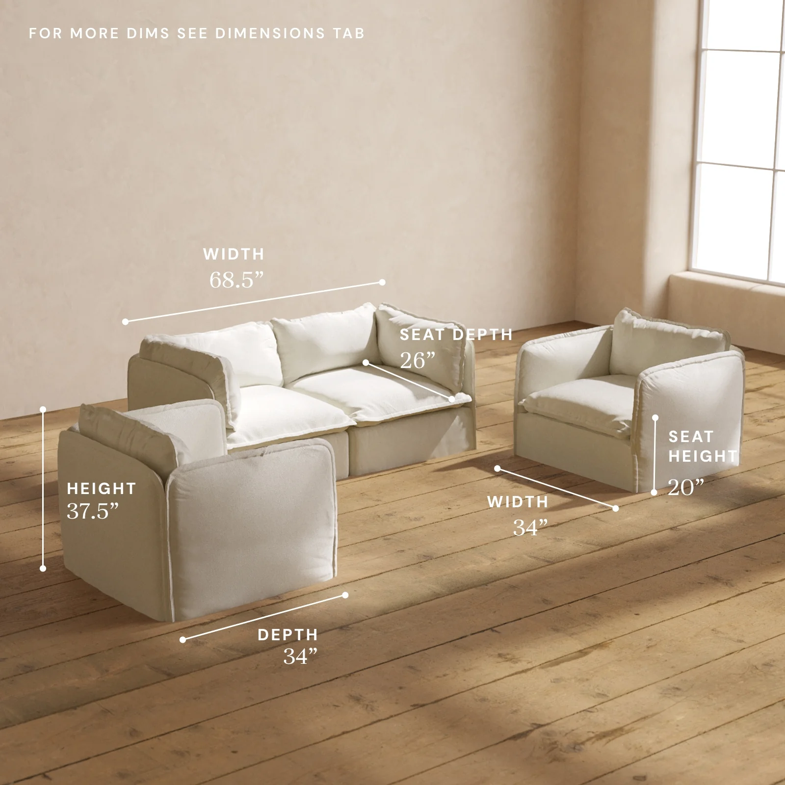 Modular Washable 2-Seater Sofa + Armchair Set in Eggshell | Memorix+ Seat | Contour Pillow - Image 5