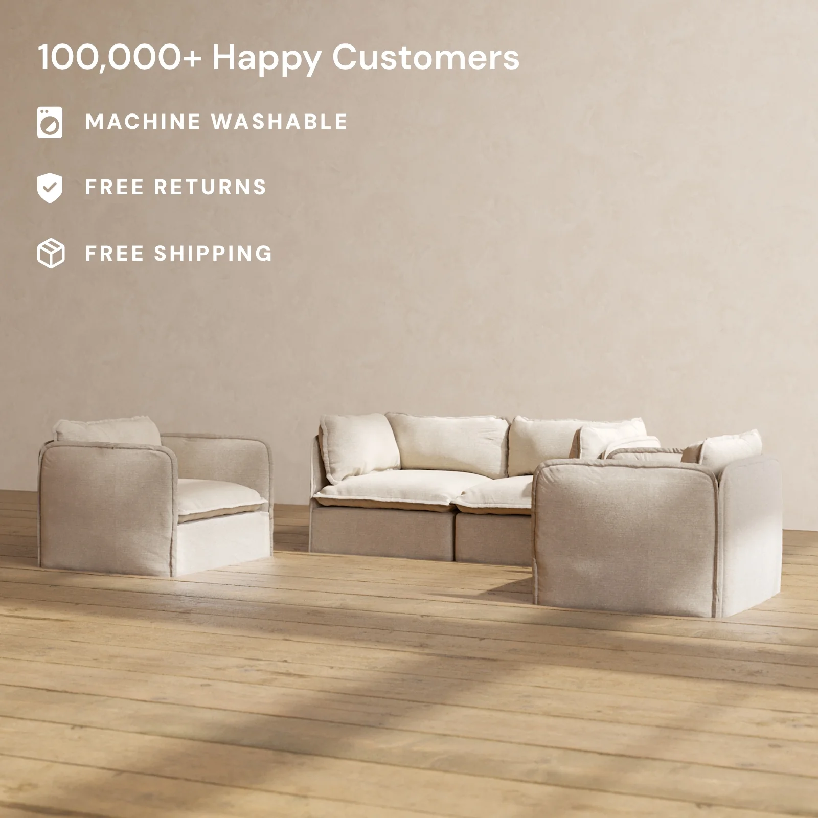 Modular Washable 2-Seater Sofa + Armchair Set in Oat | Deluxe+ Seat | Cloud Pillow - Image 2