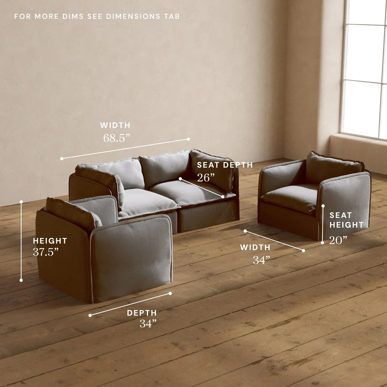 Modular Washable 2-Seater Sofa + Armchair Set in Pumice | Deluxe+ Seat | Cloud Pillow - Image 5