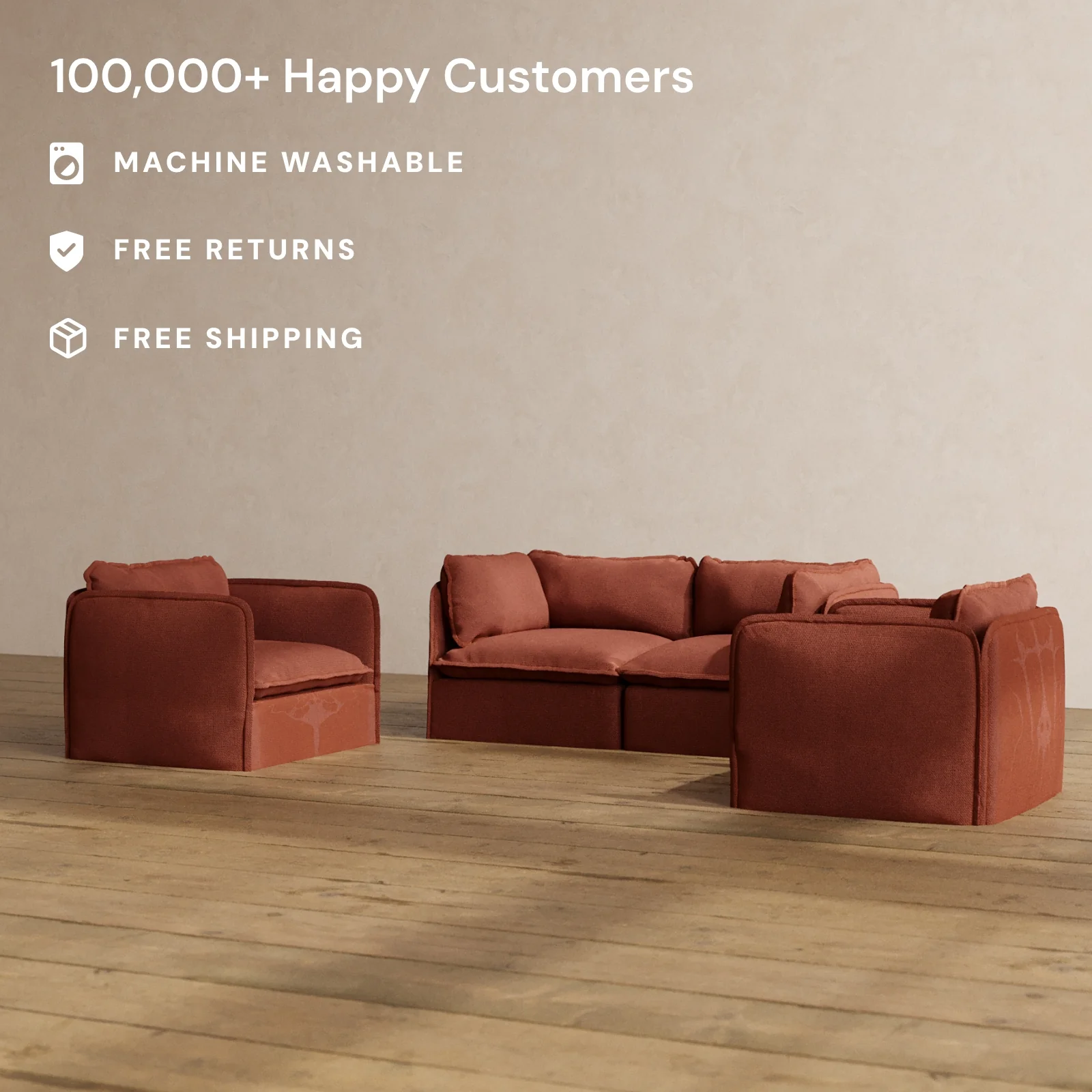 Modular Washable 2-Seater Sofa + Armchair Set in Rust | Deluxe+ Seat | Cloud Pillow - Image 2
