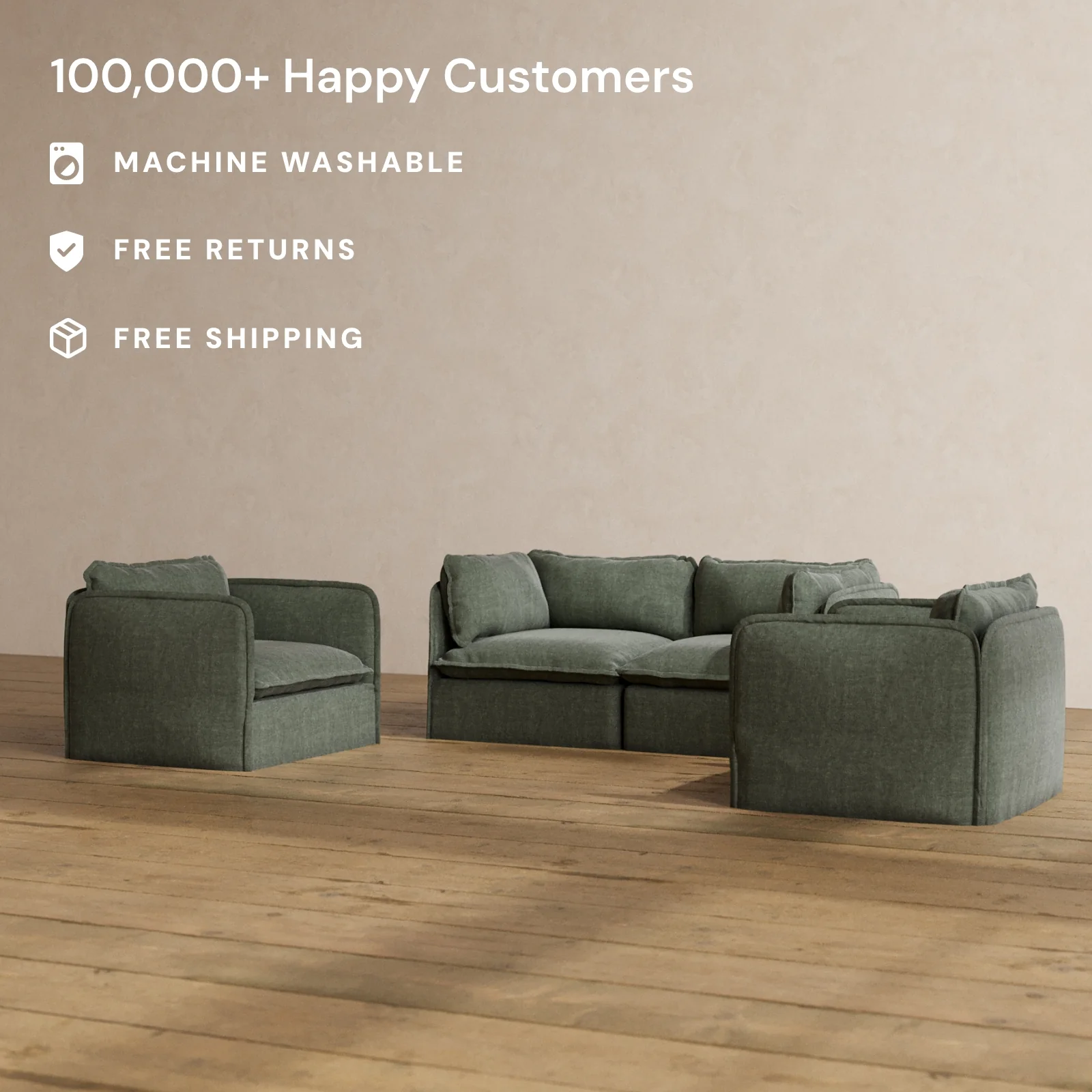 Modular Washable 2-Seater Sofa + Armchair Set in Willow | Deluxe+ Seat | Cloud Pillow - Image 2