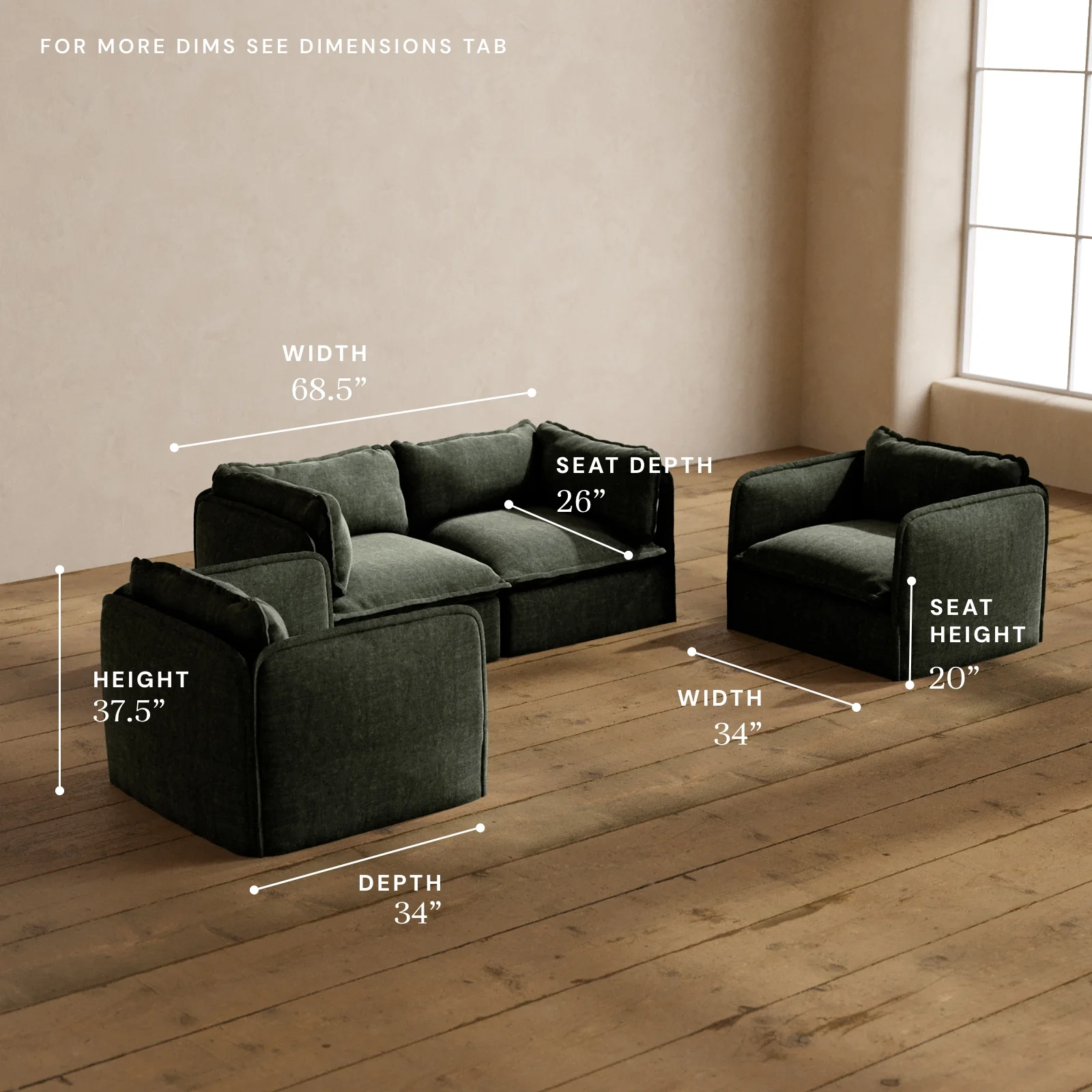 Modular Washable 2-Seater Sofa + Armchair Set in Willow | Memorix+ Seat | Contour Pillow - Image 5