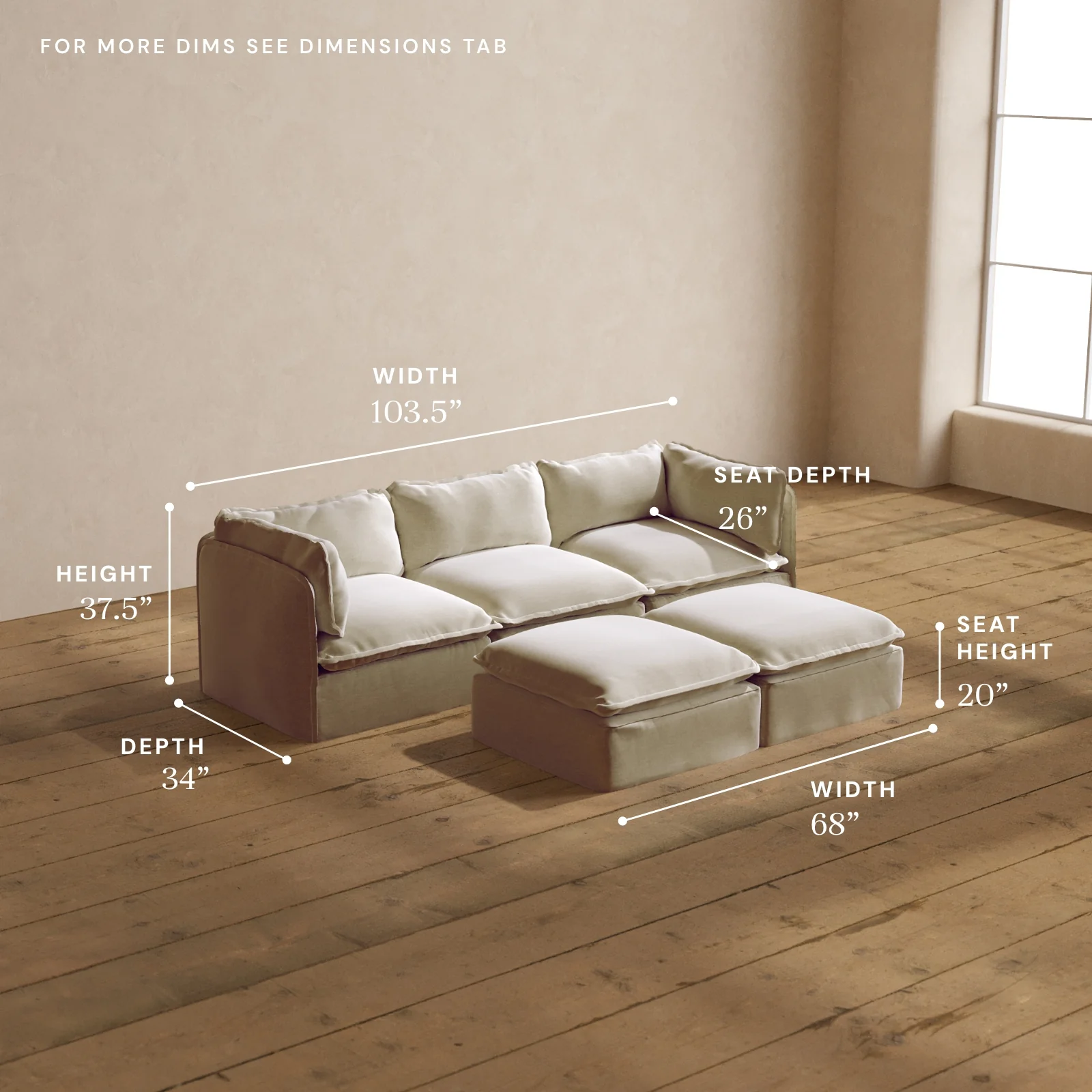 Modular Washable 3-Seater + Bench Ottoman in Coco | Deluxe+ Seat | Cloud Pillow - Image 5