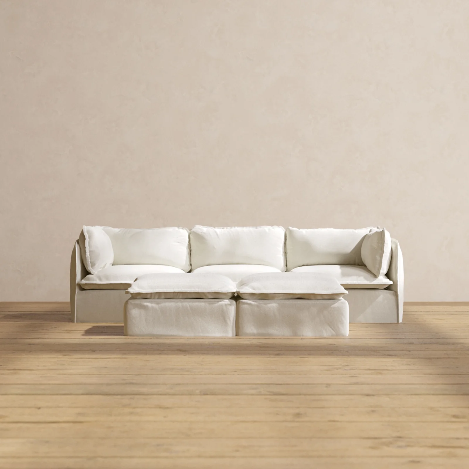 Modular Washable 3-Seater + Bench Ottoman in Eggshell | Memorix+ Seat | Contour Pillow