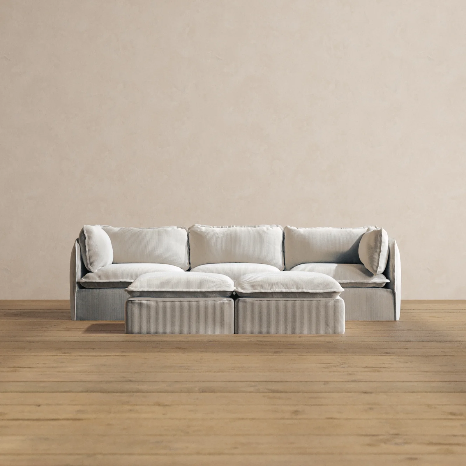 Modular Washable 3-Seater + Bench Ottoman in Milk | Deluxe+ Seat | Cloud Pillow