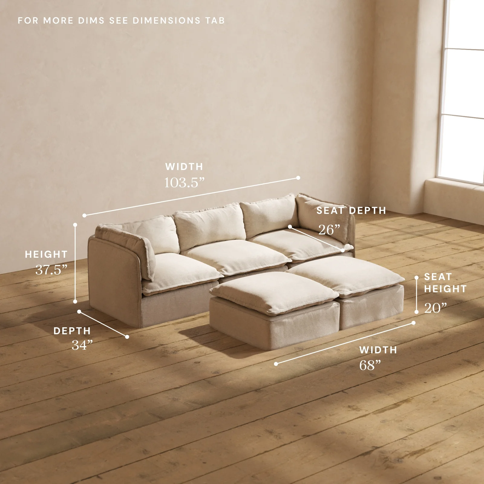 Modular Washable 3-Seater + Bench Ottoman in Oat | Deluxe+ Seat | Cloud Pillow - Image 5