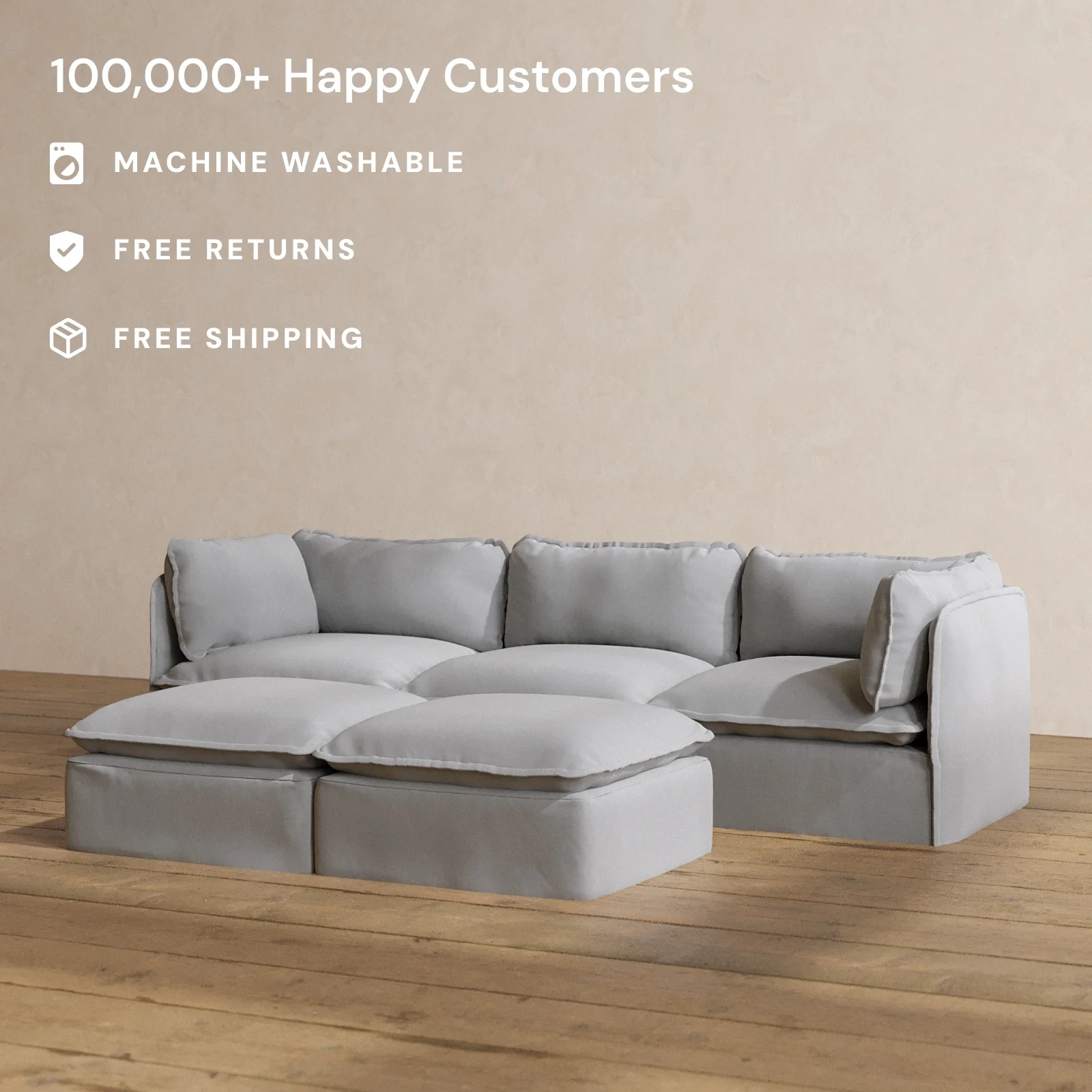 Modular Washable 3-Seater + Bench Ottoman in Pumice | Deluxe+ Seat | Cloud Pillow - Image 2