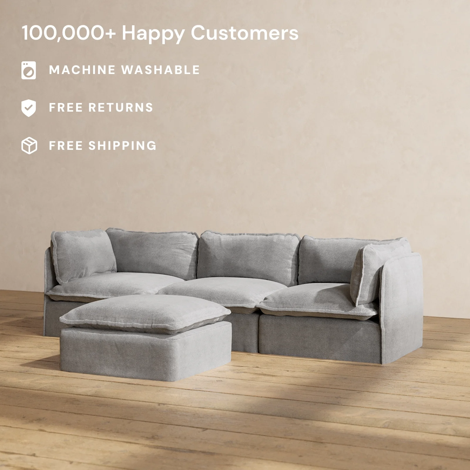 Modular Washable 3-Seater + Ottoman in Ash | Deluxe+ Seat | Cloud Pillow - Image 2