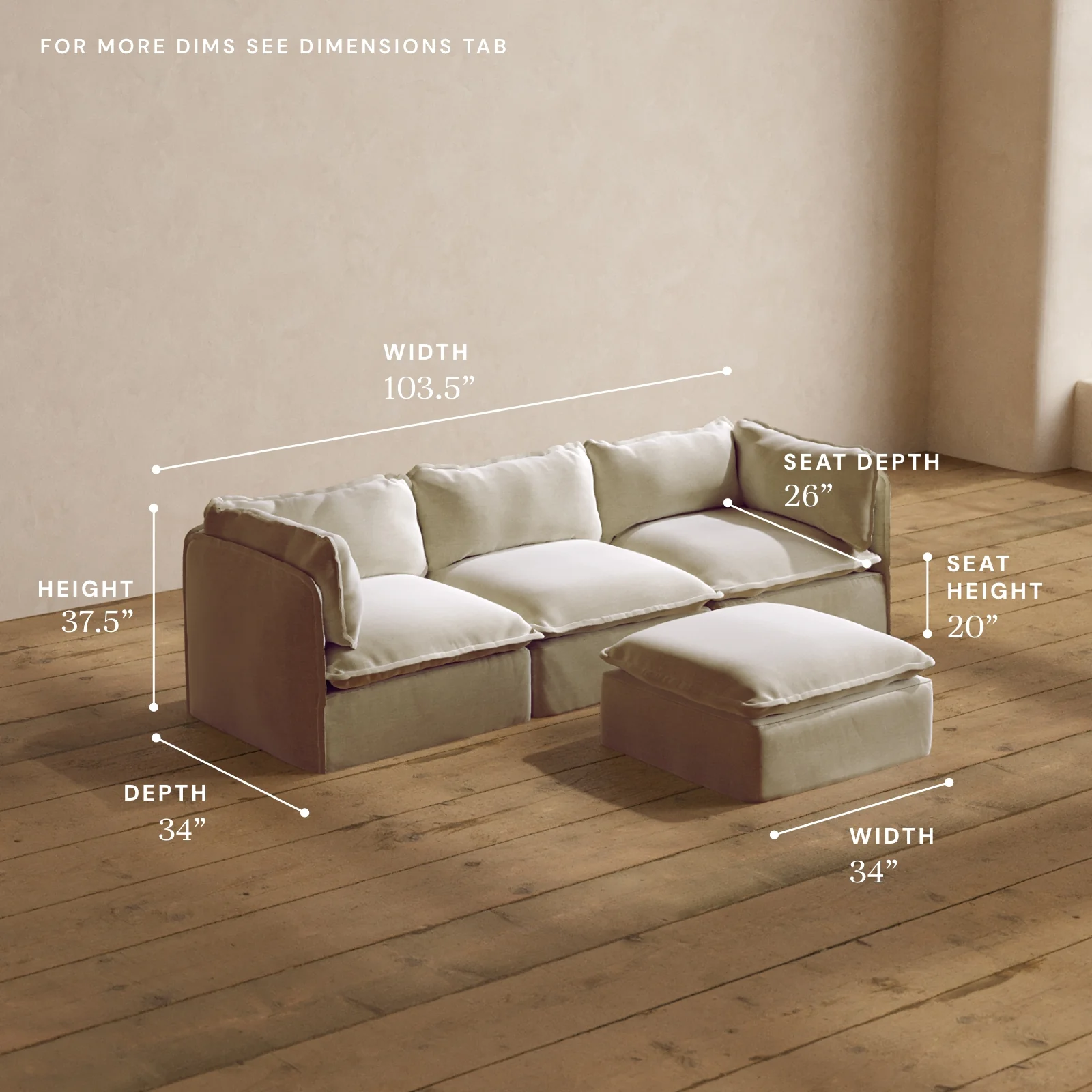Modular Washable 3-Seater + Ottoman in Coco | Deluxe+ Seat | Cloud Pillow - Image 5
