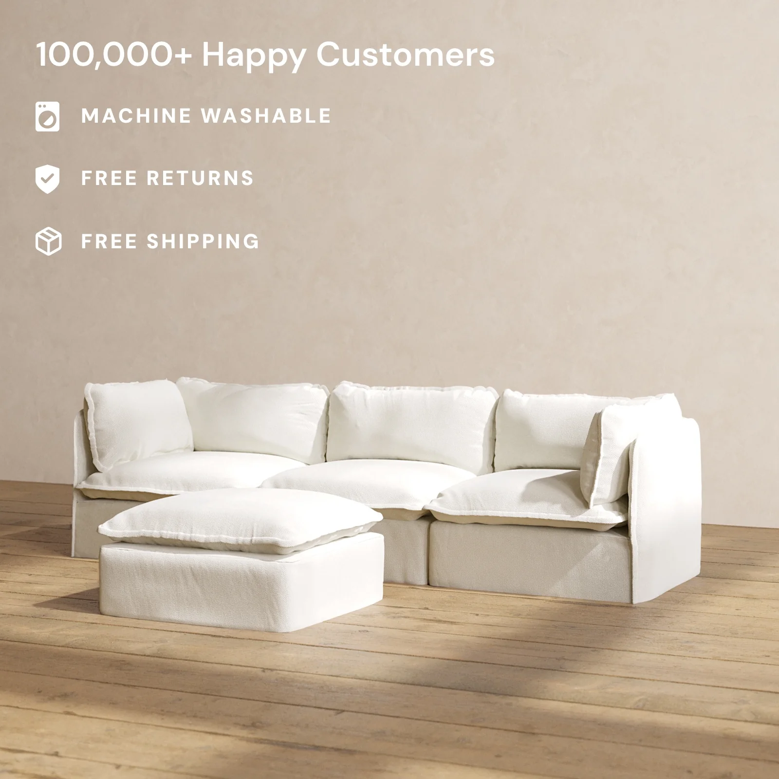 Modular Washable 3-Seater + Ottoman in Eggshell | Memorix+ Seat | Contour Pillow - Image 2