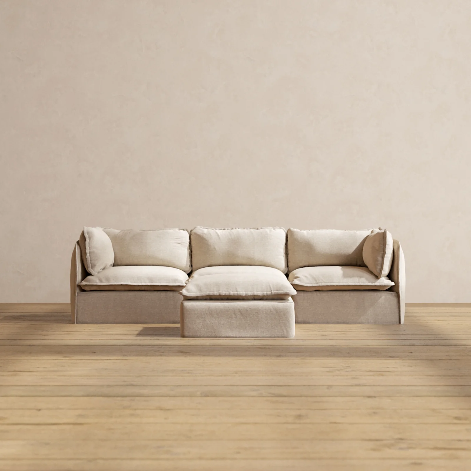 Modular Washable 3-Seater + Ottoman in Oat | Deluxe+ Seat | Cloud Pillow