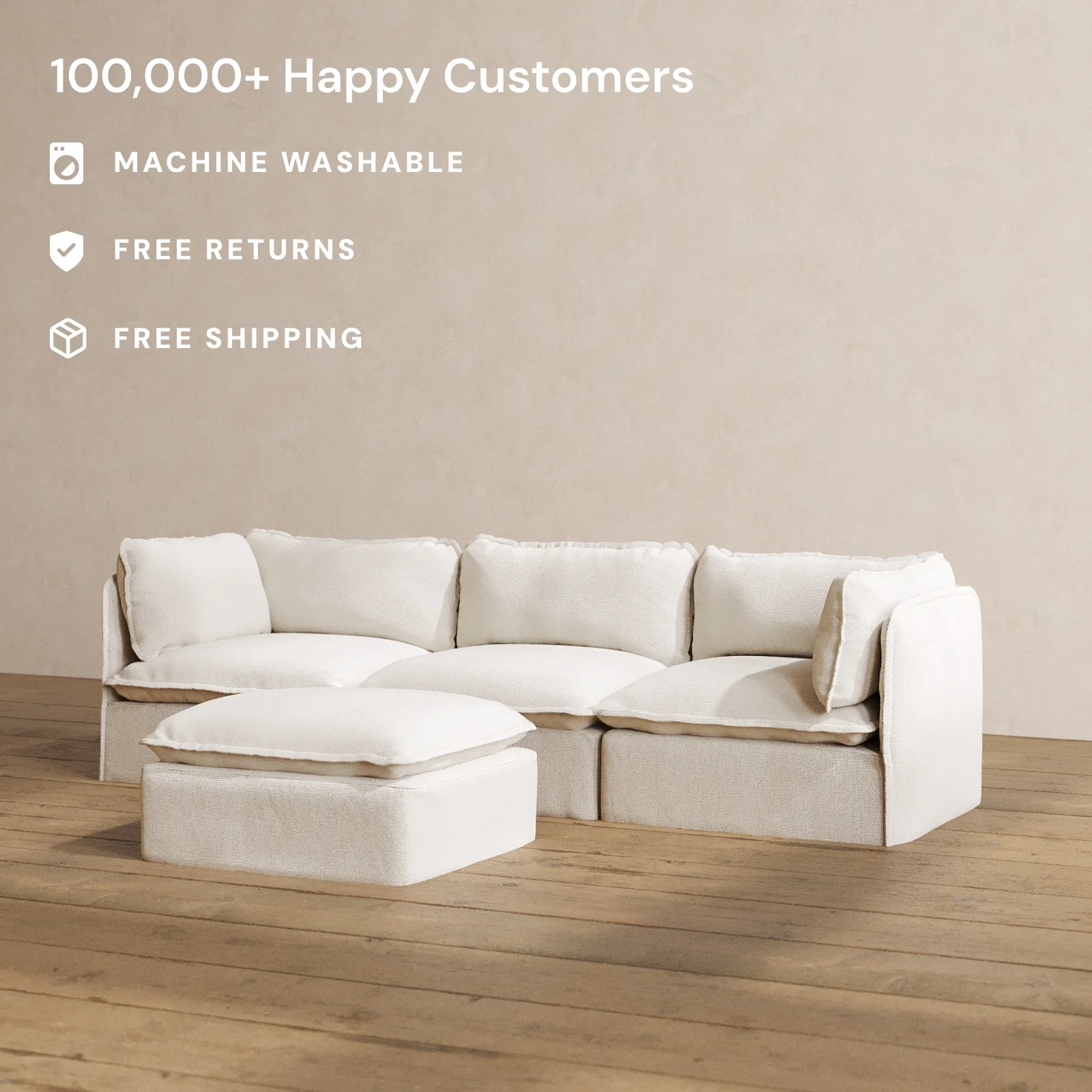 Modular Washable 3-Seater + Ottoman in Powder | Deluxe+ Seat | Cloud Pillow - Image 2