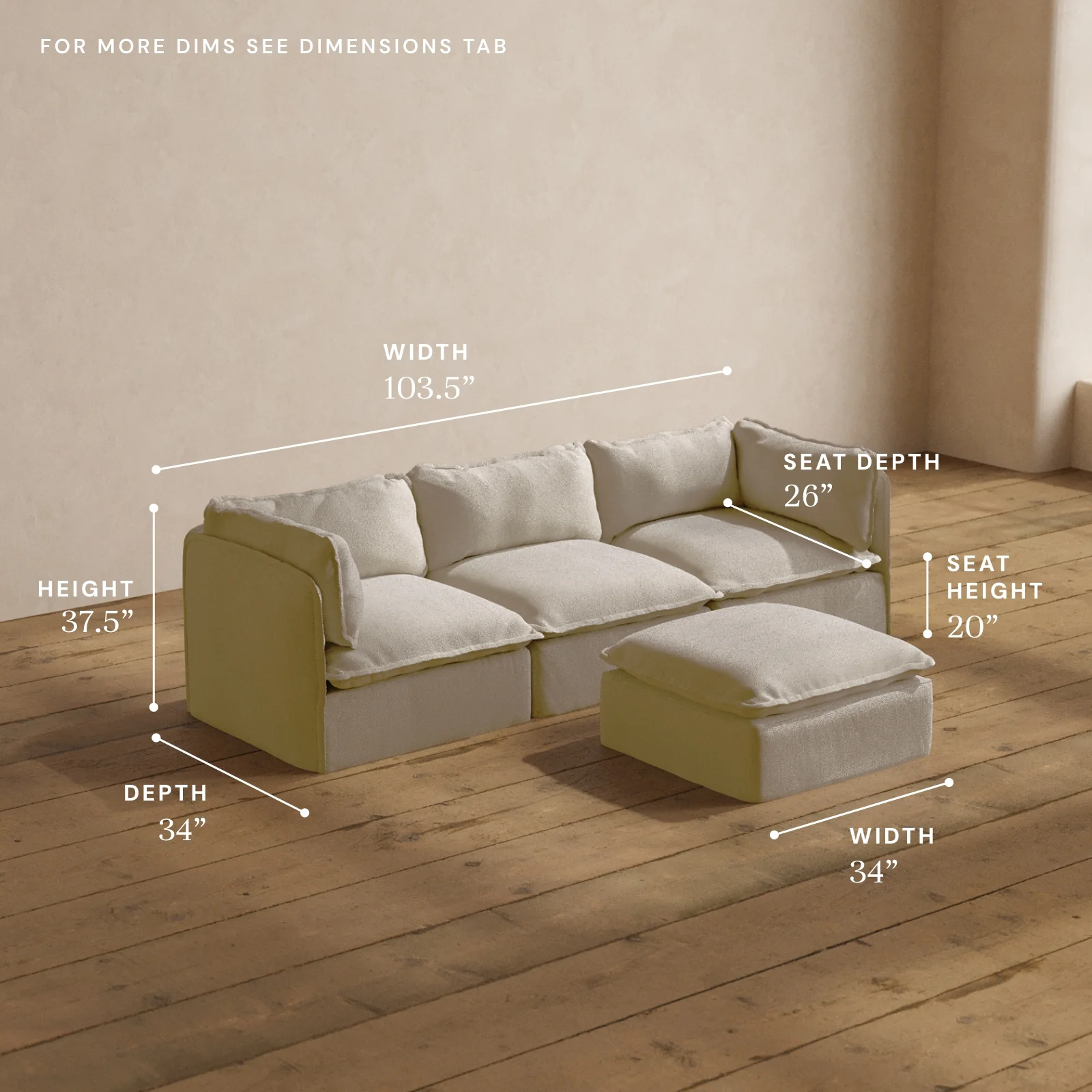 Modular Washable 3-Seater + Ottoman in Powder | Deluxe+ Seat | Cloud Pillow - Image 5