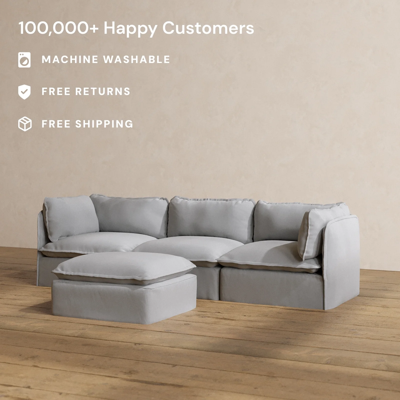 Modular Washable 3-Seater + Ottoman in Pumice | Deluxe+ Seat | Cloud Pillow - Image 2