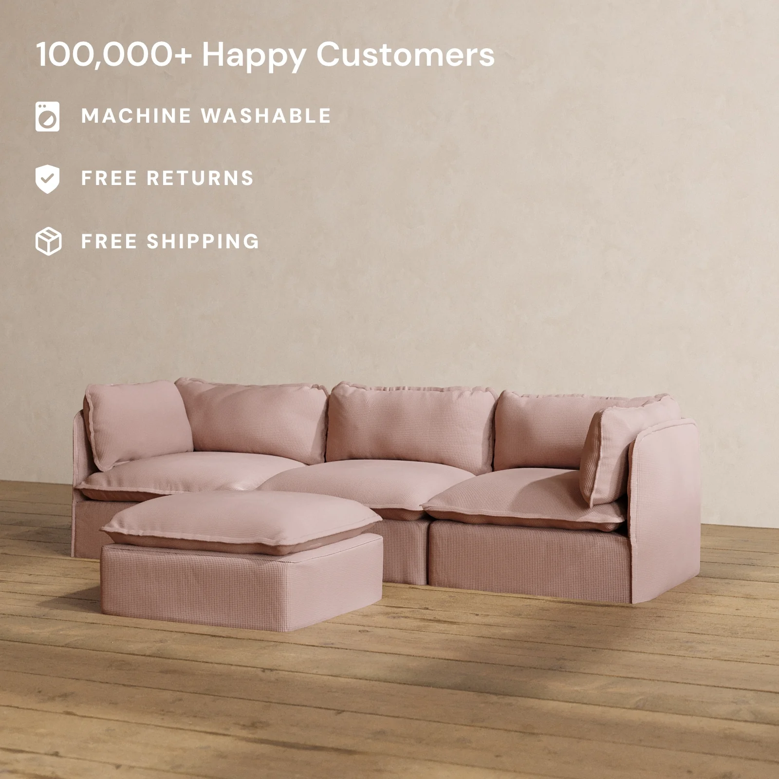Modular Washable 3-Seater + Ottoman in Sakura | Deluxe+ Seat | Cloud Pillow - Image 2
