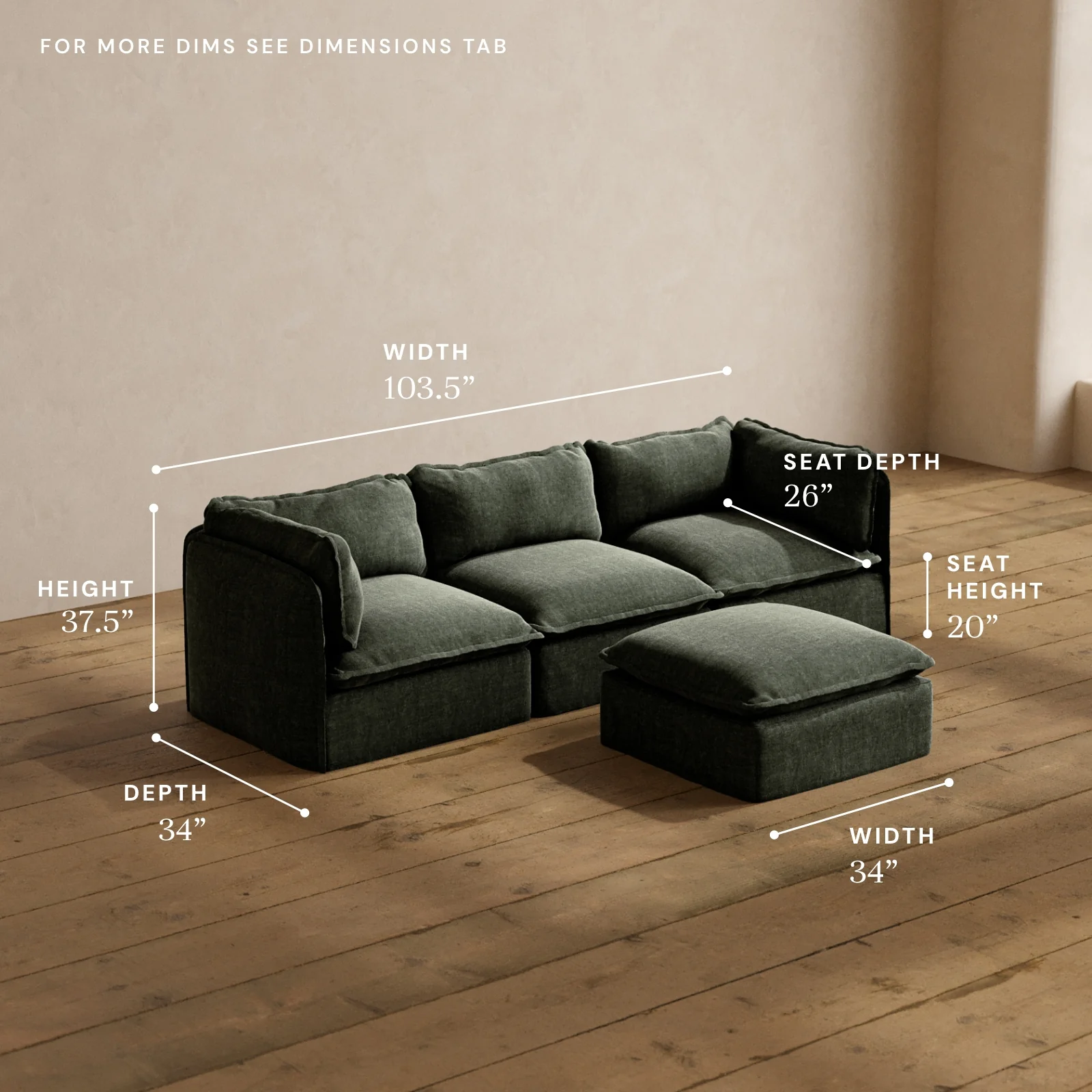Modular Washable 3-Seater + Ottoman in Willow | Memorix+ Seat | Contour Pillow - Image 5