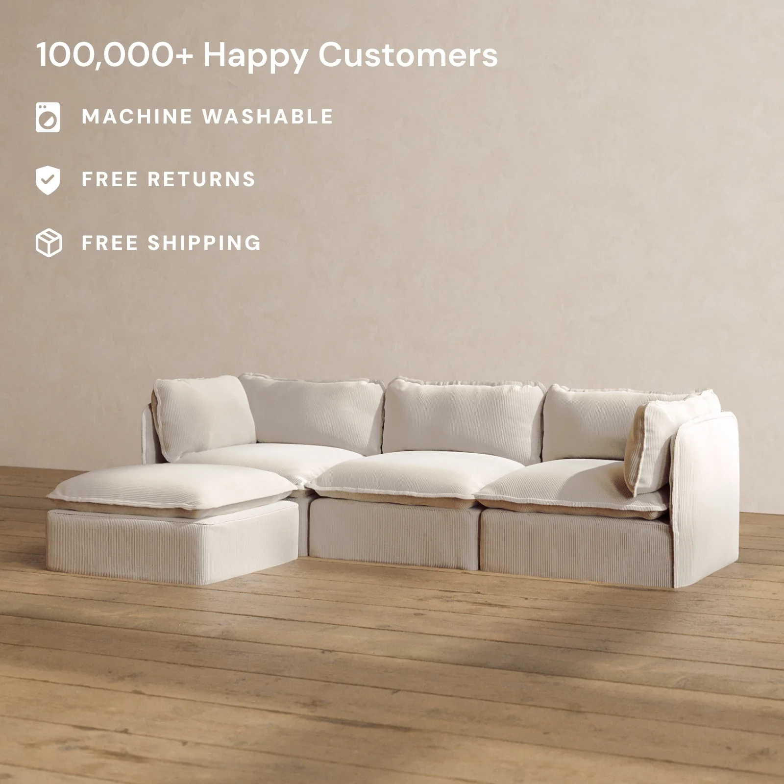 Modular Washable 3-Seater Sectional in Milk | Deluxe+ Seat | Cloud Pillow - Image 2