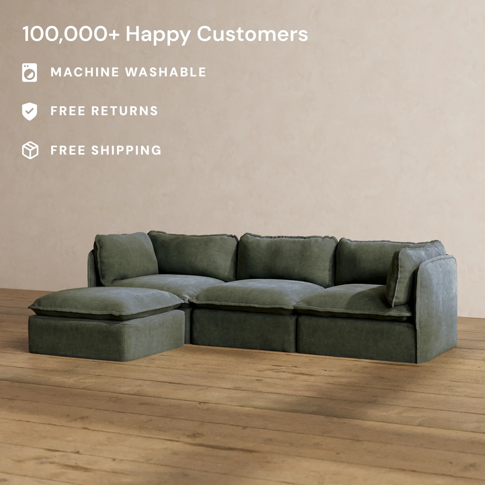 Modular Washable 3-Seater Sectional in Olivine | Deluxe+ Seat | Cloud Pillow - Image 2