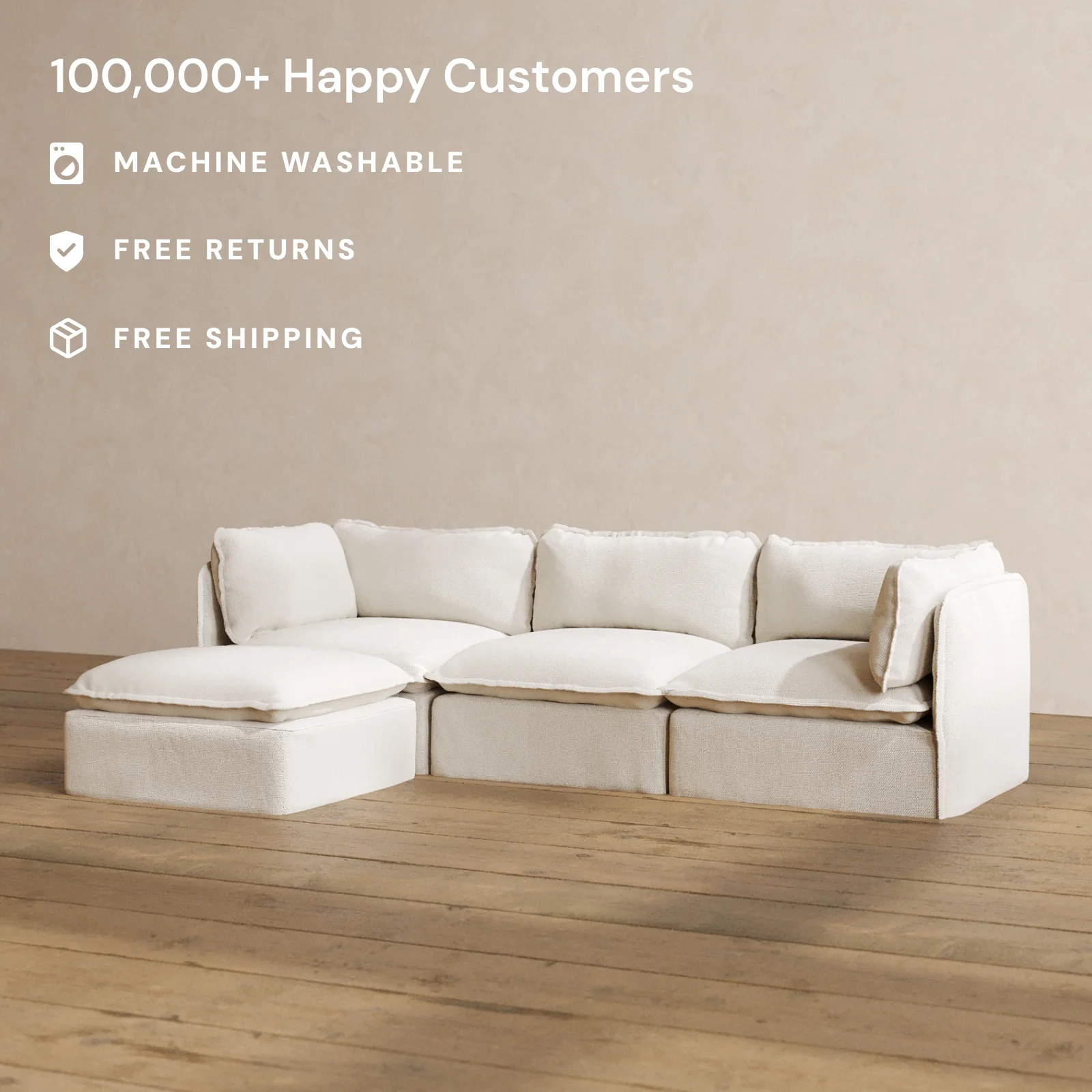Modular Washable 3-Seater Sectional in Powder | Deluxe+ Seat | Cloud Pillow - Image 2