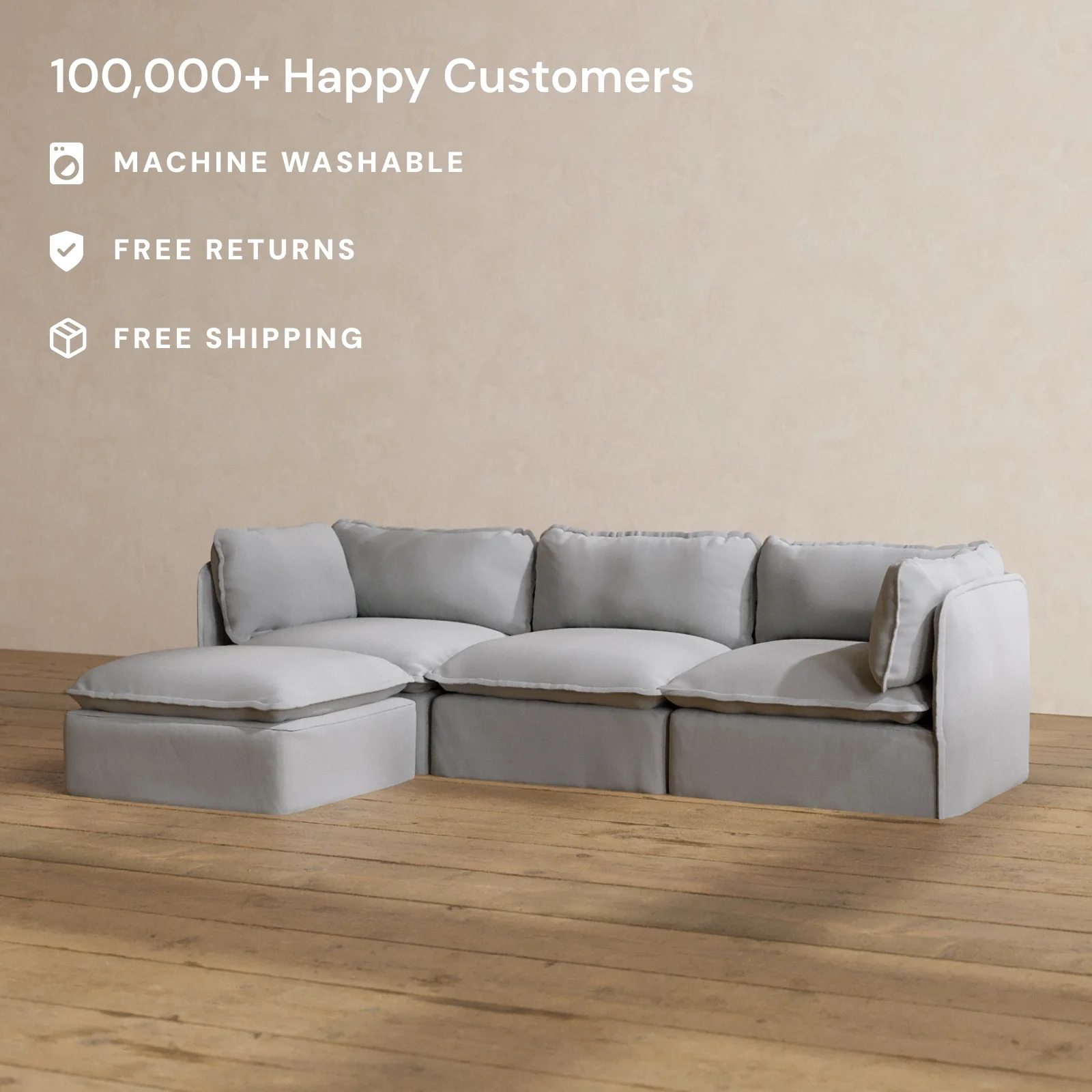 Modular Washable 3-Seater Sectional in Pumice | Deluxe+ Seat | Cloud Pillow - Image 2