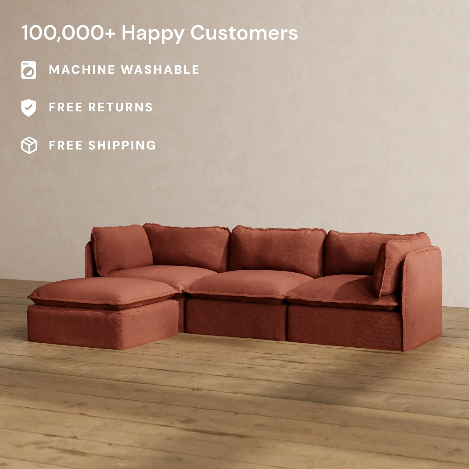 Modular Washable 3-Seater Sectional in Rust | Deluxe+ Seat | Cloud Pillow - Image 2