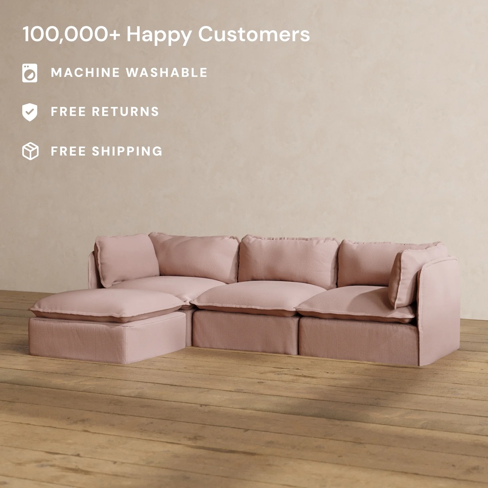 Modular Washable 3-Seater Sectional in Sakura | Deluxe+ Seat | Cloud Pillow - Image 2