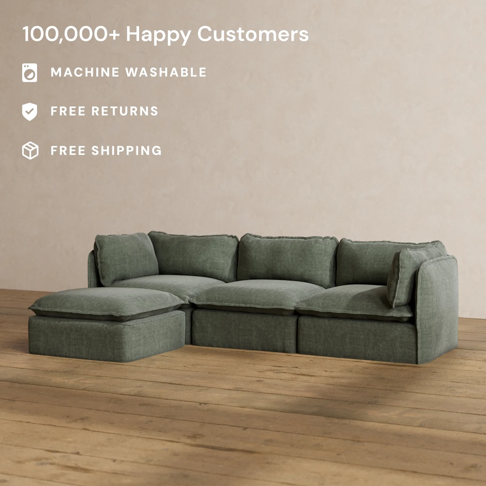 Modular Washable 3-Seater Sectional in Willow | Deluxe+ Seat | Cloud Pillow - Image 2