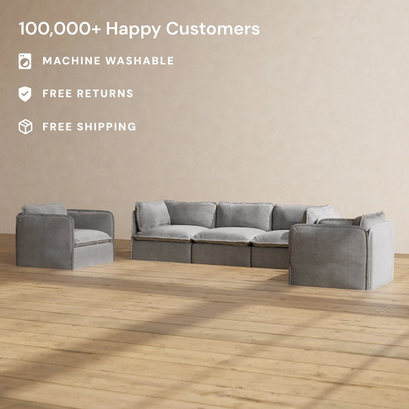 Modular Washable 3-Seater Sofa + Armchair Set in Ash | Memorix+ Seat | Contour Pillow - Image 2