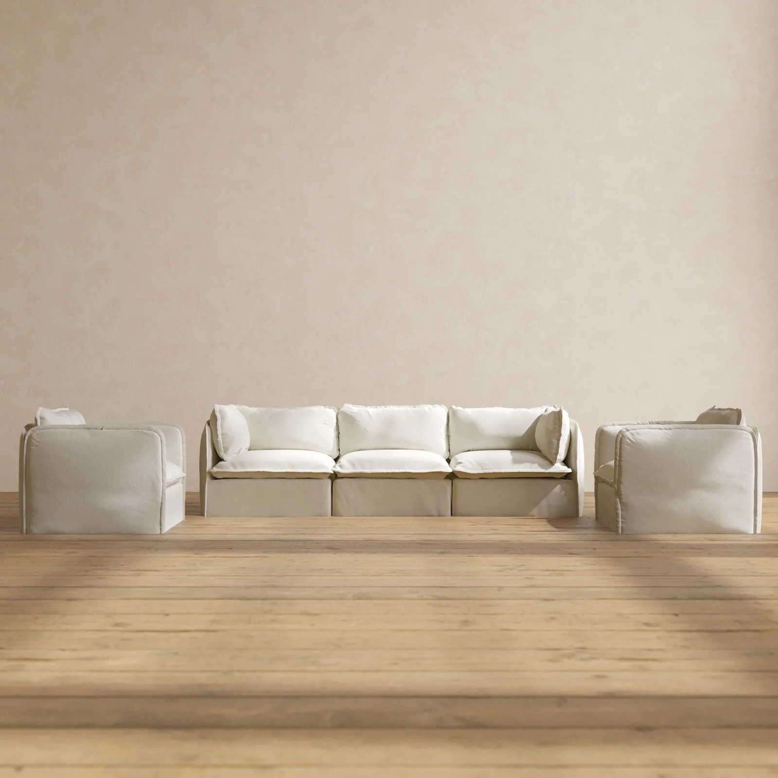 Modular Washable 3-Seater Sofa + Armchair Set in Eggshell | Deluxe+ Seat | Cloud Pillow
