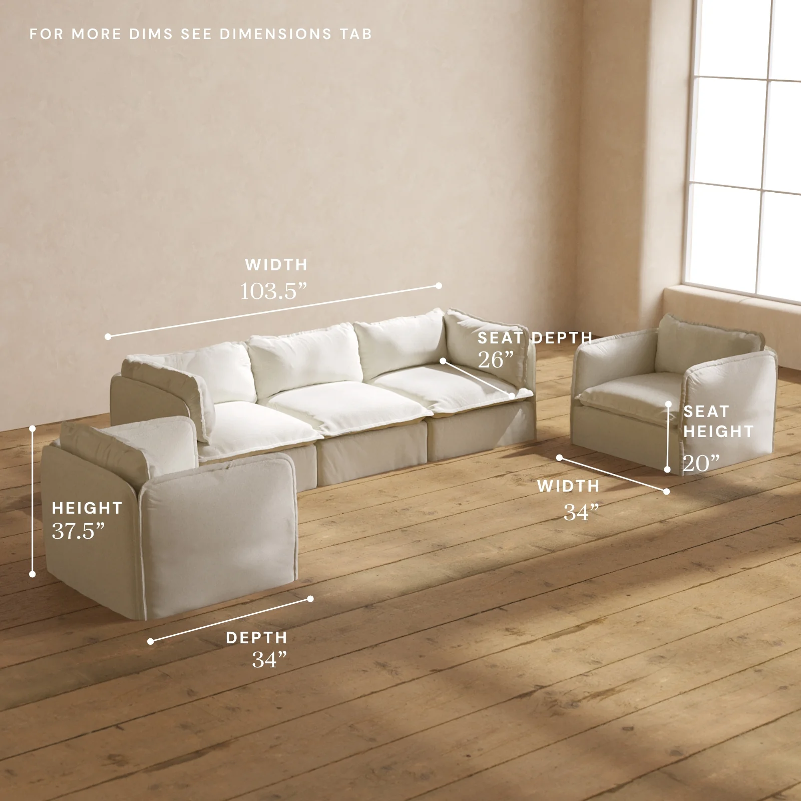 Modular Washable 3-Seater Sofa + Armchair Set in Eggshell | Deluxe+ Seat | Cloud Pillow - Image 5