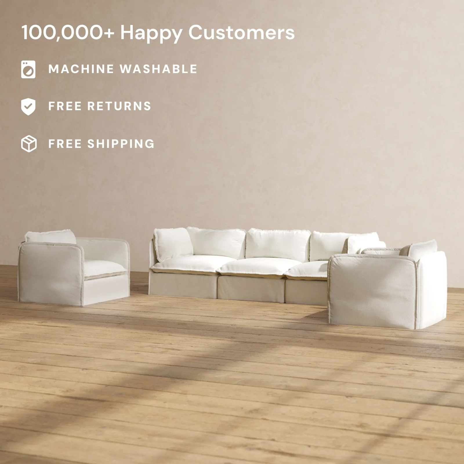 Modular Washable 3-Seater Sofa + Armchair Set in Eggshell | Memorix+ Seat | Contour Pillow - Image 2