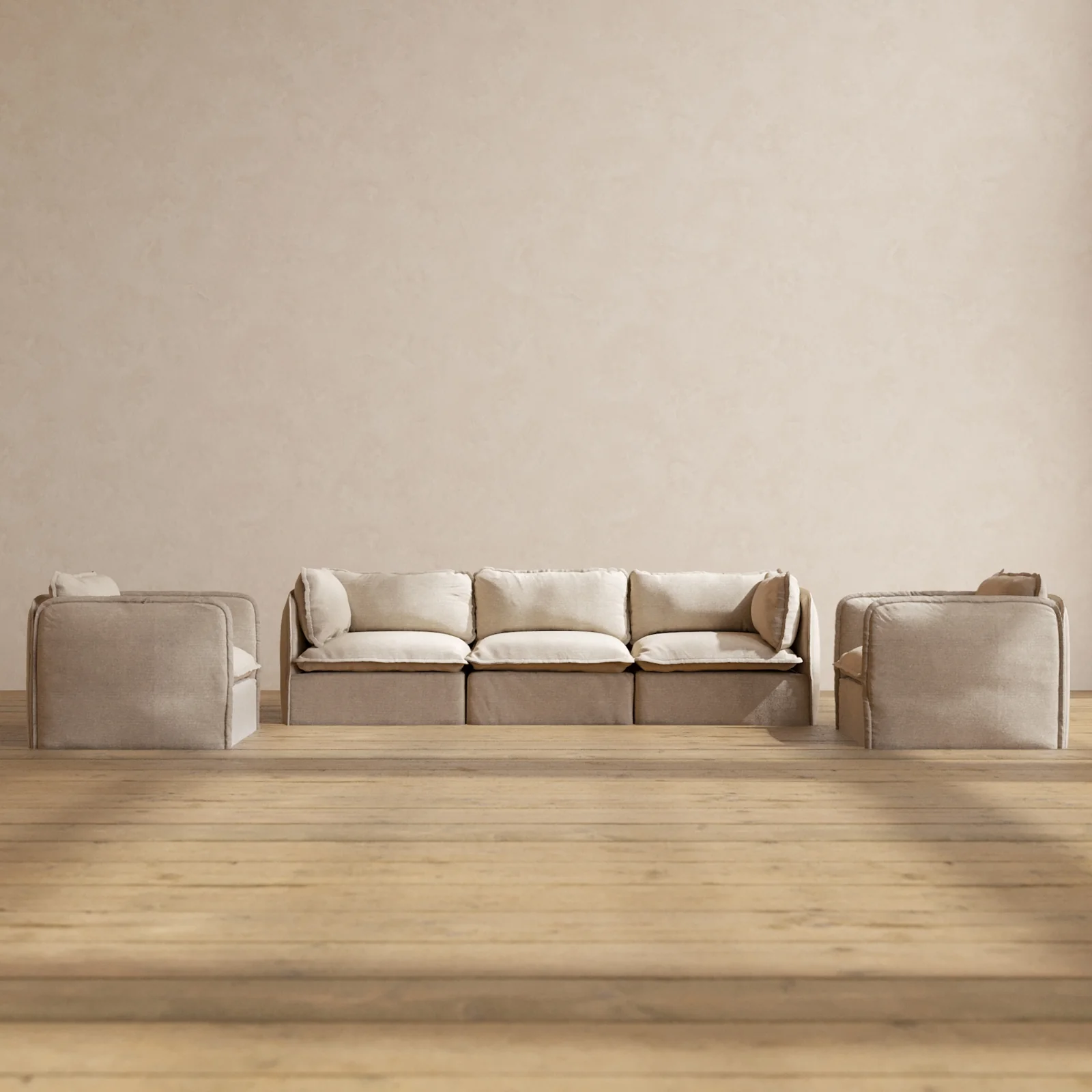 Modular Washable 3-Seater Sofa + Armchair Set in Oat | Memorix+ Seat | Contour Pillow