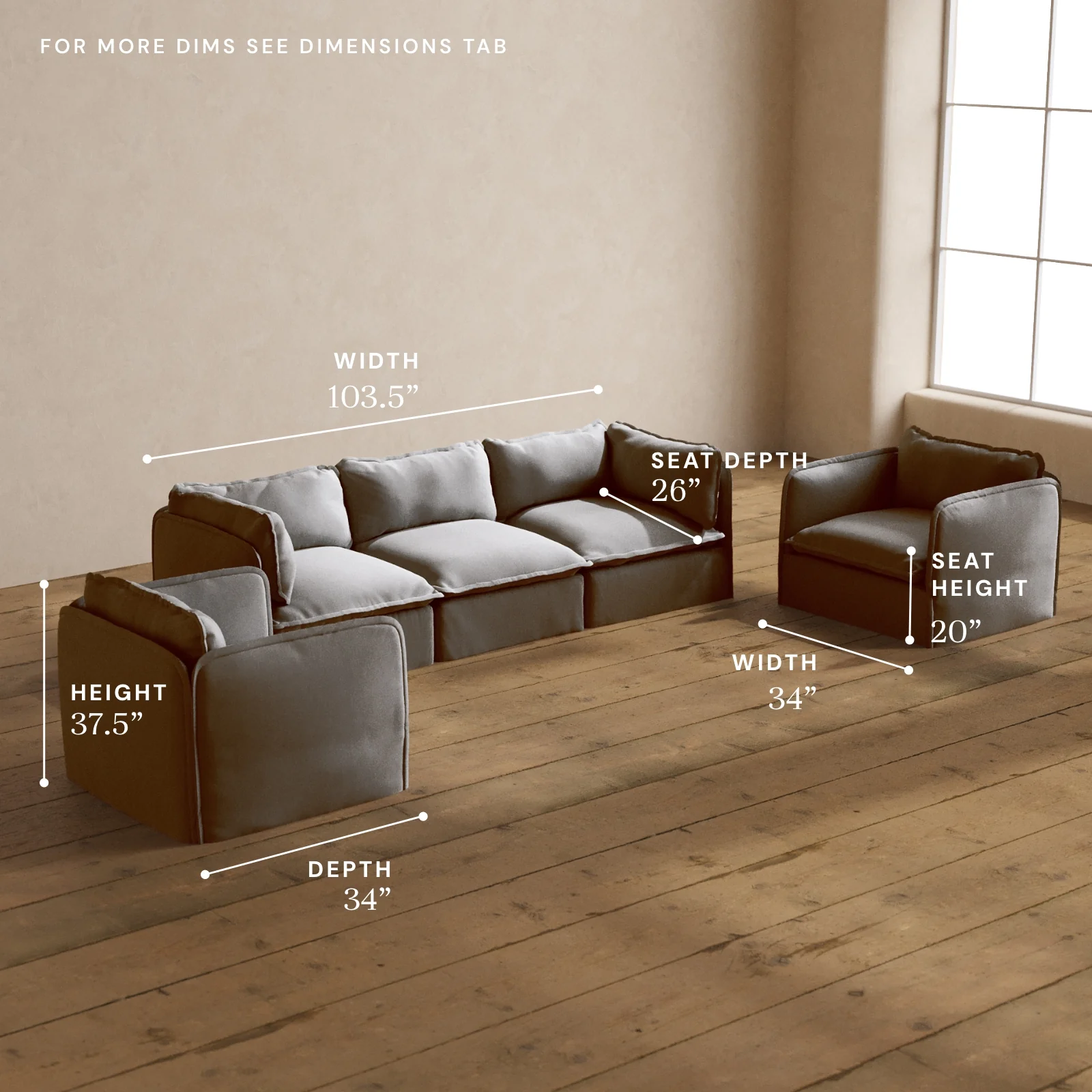 Modular Washable 3-Seater Sofa + Armchair Set in Pumice | Deluxe+ Seat | Cloud Pillow - Image 5