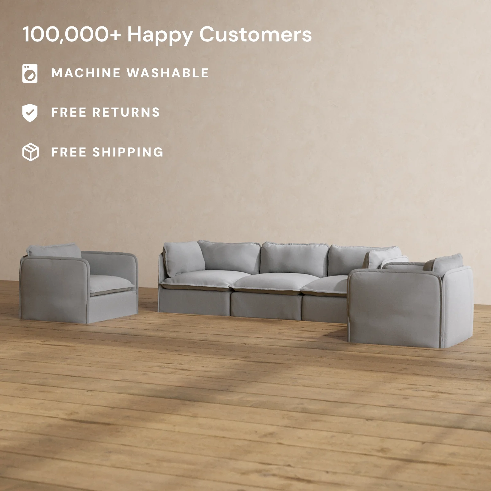 Modular Washable 3-Seater Sofa + Armchair Set in Pumice | Memorix+ Seat | Contour Pillow - Image 2