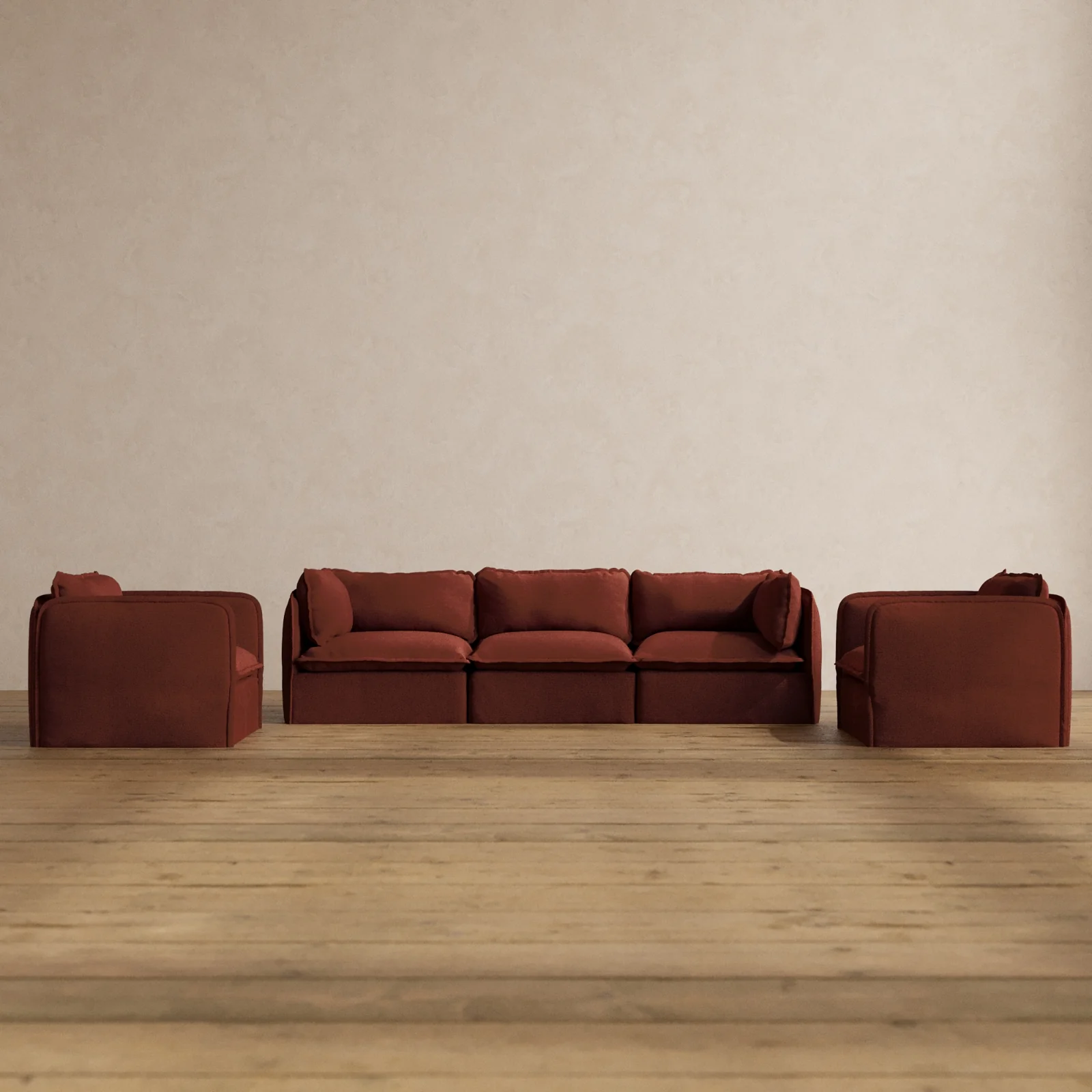 Modular Washable 3-Seater Sofa + Armchair Set in Rust | Deluxe+ Seat | Cloud Pillow