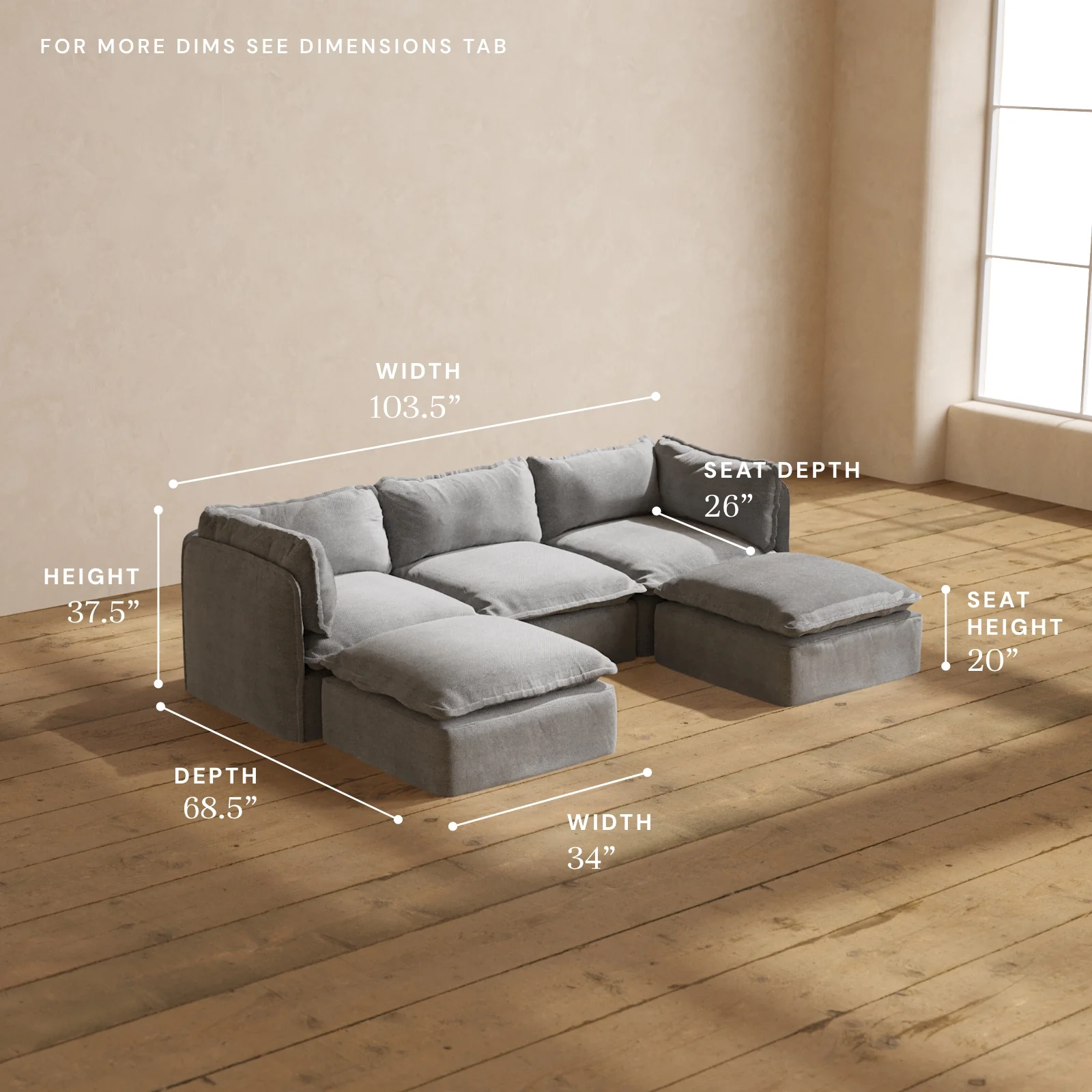 Modular Washable 3-Seater U-Sectional in Ash | Memorix+ Seat | Contour Pillow - Image 5
