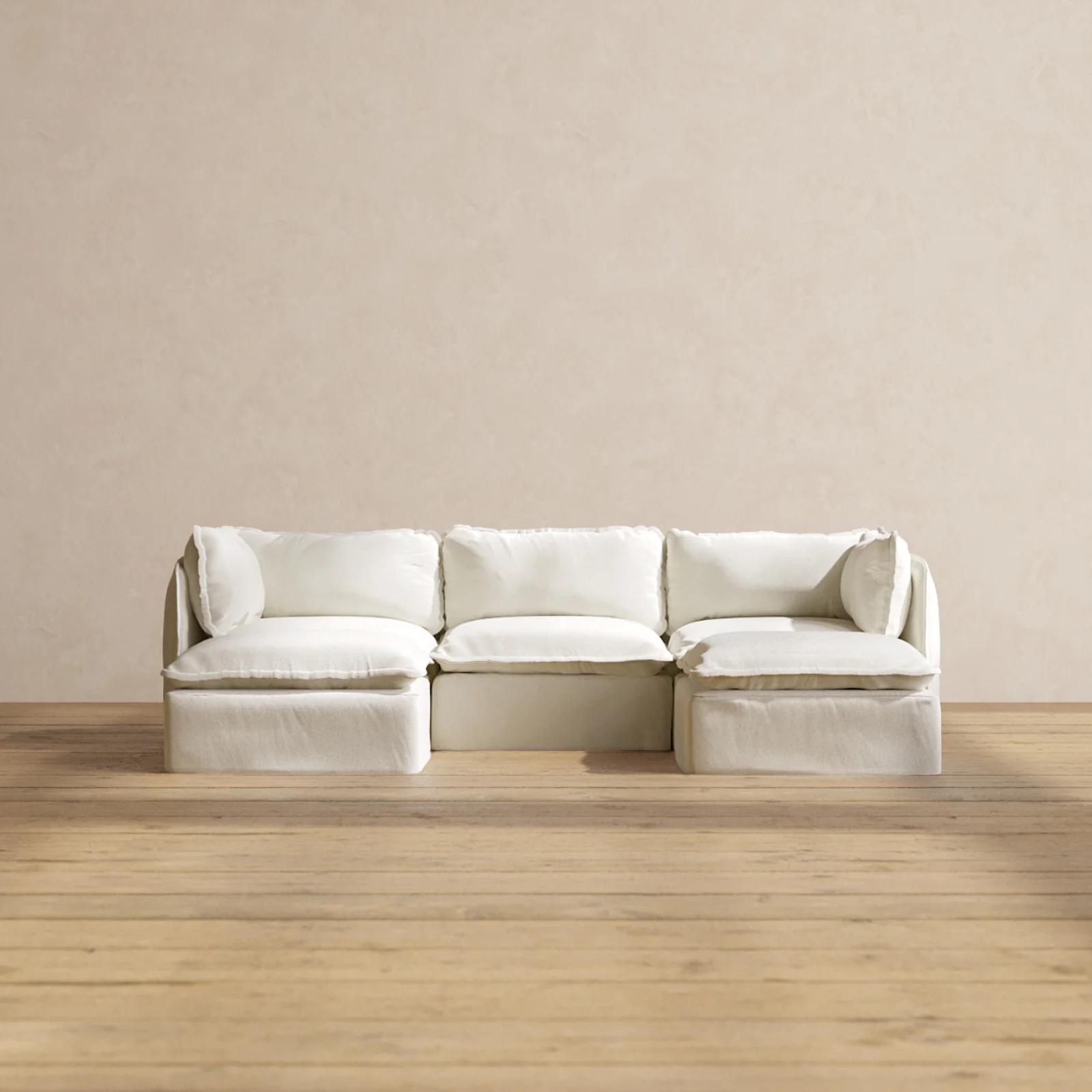 Modular Washable 3-Seater U-Sectional in Eggshell | Deluxe+ Seat | Cloud Pillow